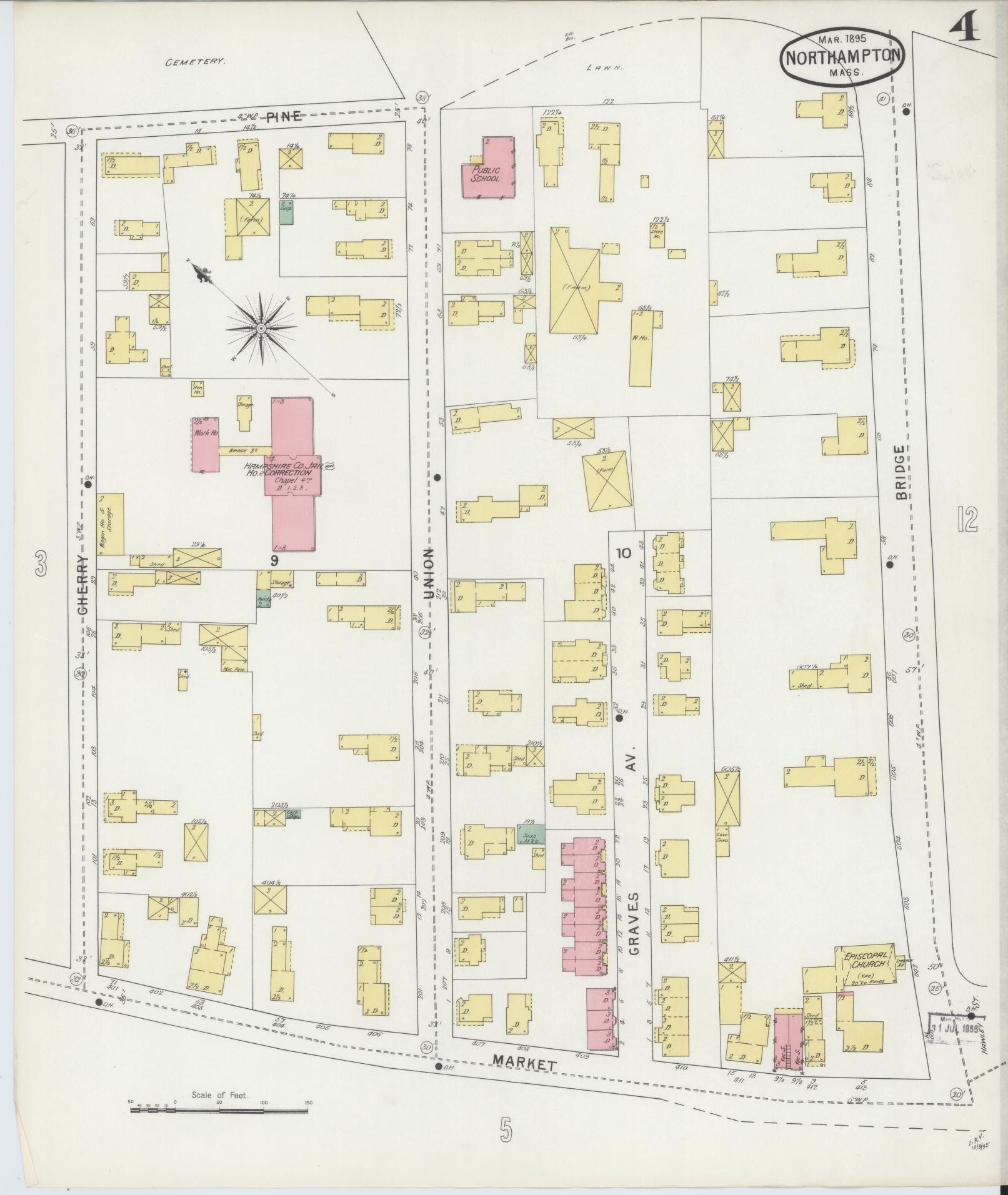 Sanborn Fire Insurance Map from Northampton, Hampshire County, Massachusetts (1895), Sheet #0004 - Historic Sanborn Fire Insurance Map Print, vintage old map wall art, antique decor, genealogy gift, Massachusetts Massachusetts map