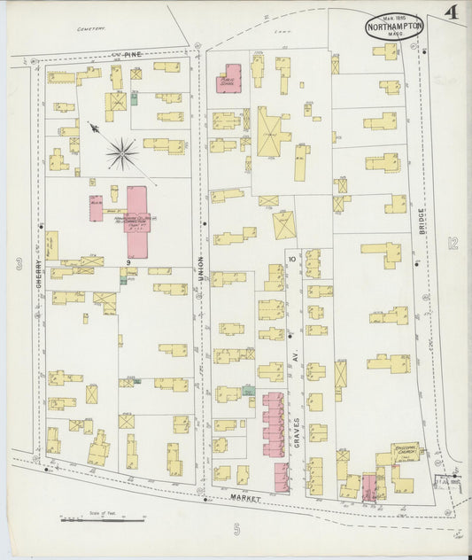 Sanborn Fire Insurance Map from Northampton, Hampshire County, Massachusetts (1895), Sheet #0004 - Historic Sanborn Fire Insurance Map Print, vintage old map wall art, antique decor, genealogy gift, Massachusetts Massachusetts map