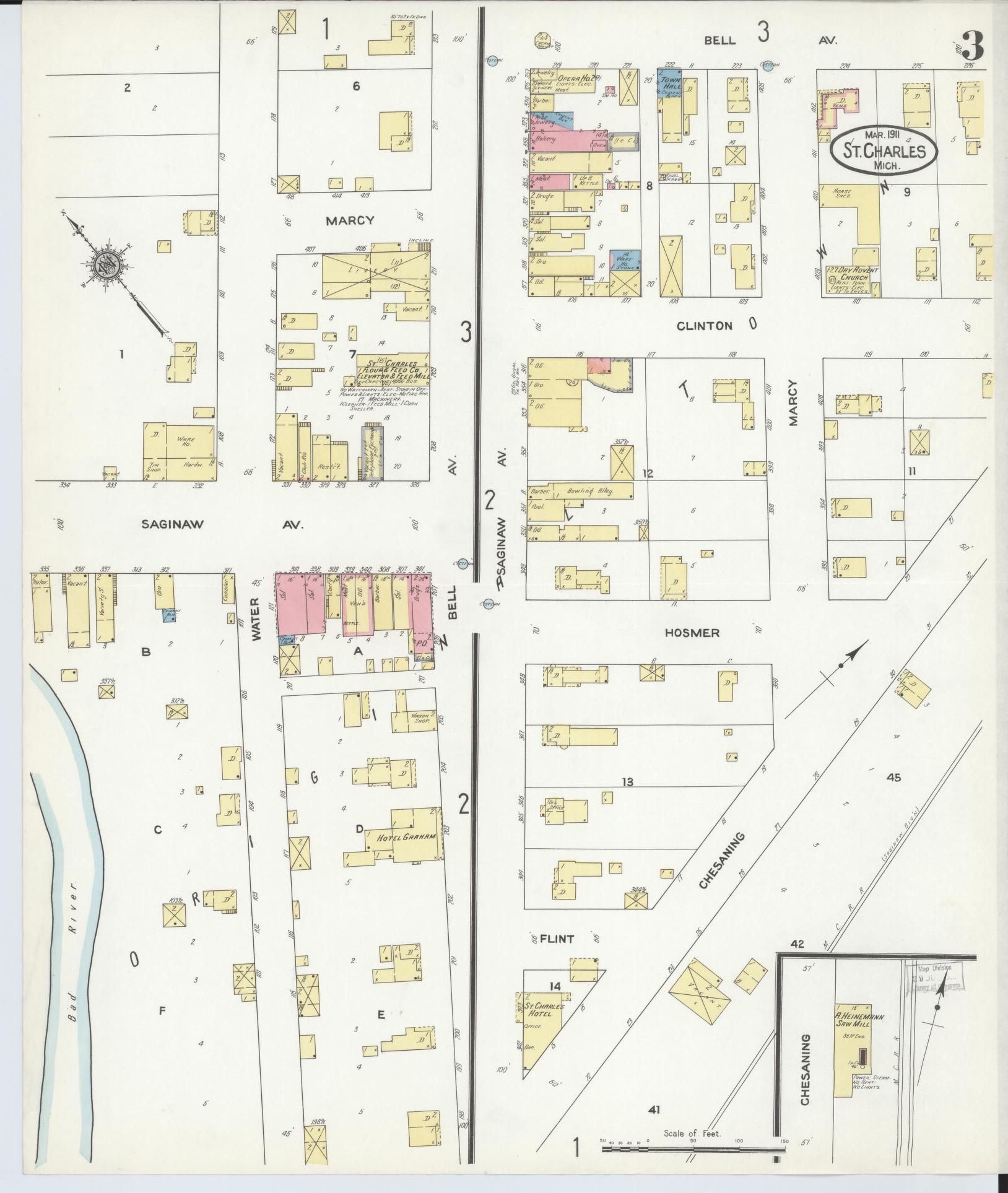 Sanborn Fire Insurance Map from Saint Charles, Saginaw County, Michigan (1911), Sheet #0003 - Complete Map Set gallery image, historic Sanborn map, vintage wall art, Michigan Michigan