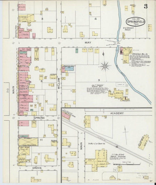 Sanborn Fire Insurance Map from Springfield, Robertson County, Tennessee (1893), Sheet #0003 - Historic Sanborn Fire Insurance Map Print, vintage old map wall art, antique decor, genealogy gift, Tennessee Tennessee map