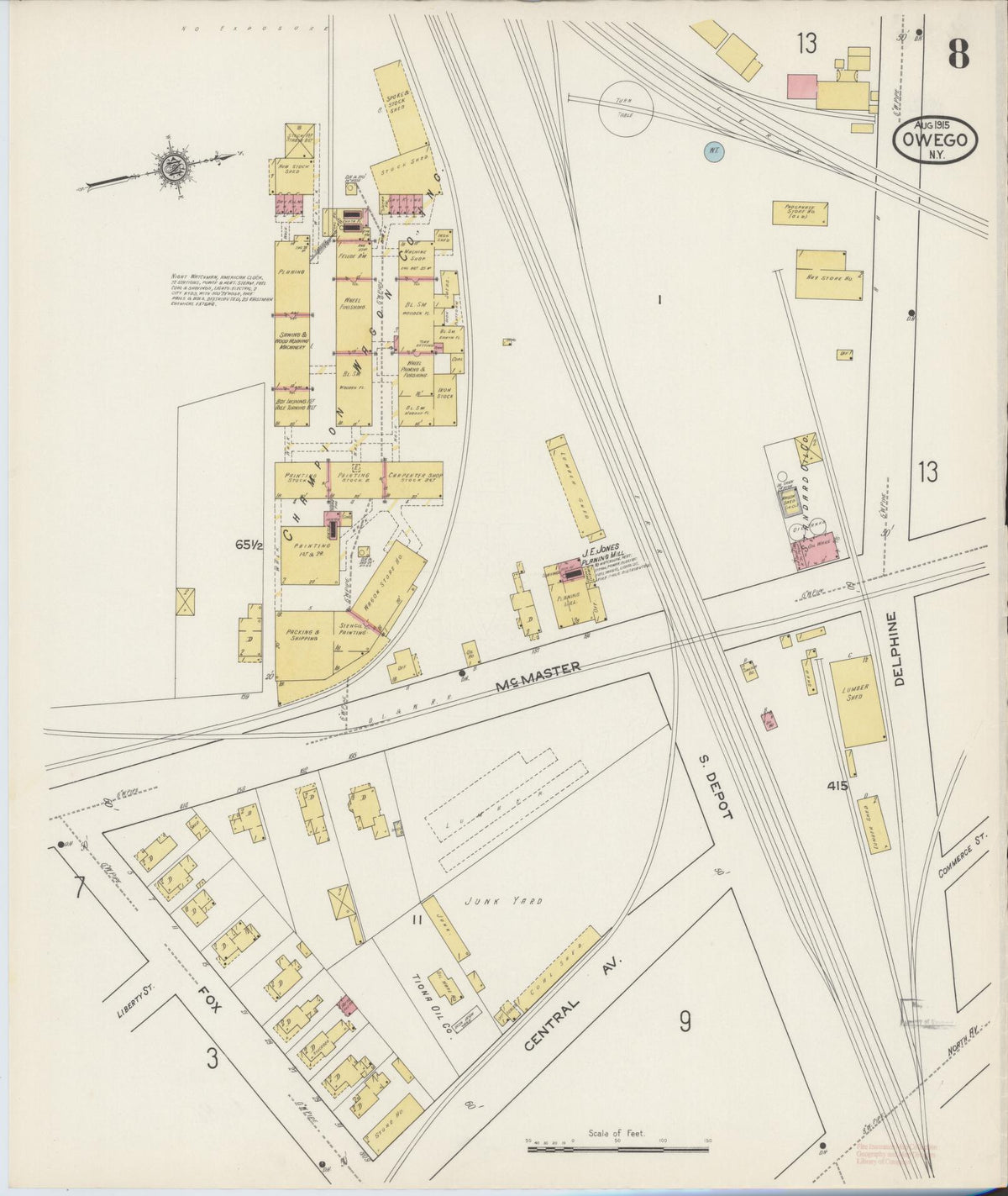 Sanborn Fire Insurance Map from Owego, Tioga County, New York (1915), Sheet #0008 - Historic Sanborn Fire Insurance Map Print, vintage old map wall art, antique decor, genealogy gift, New York New York map