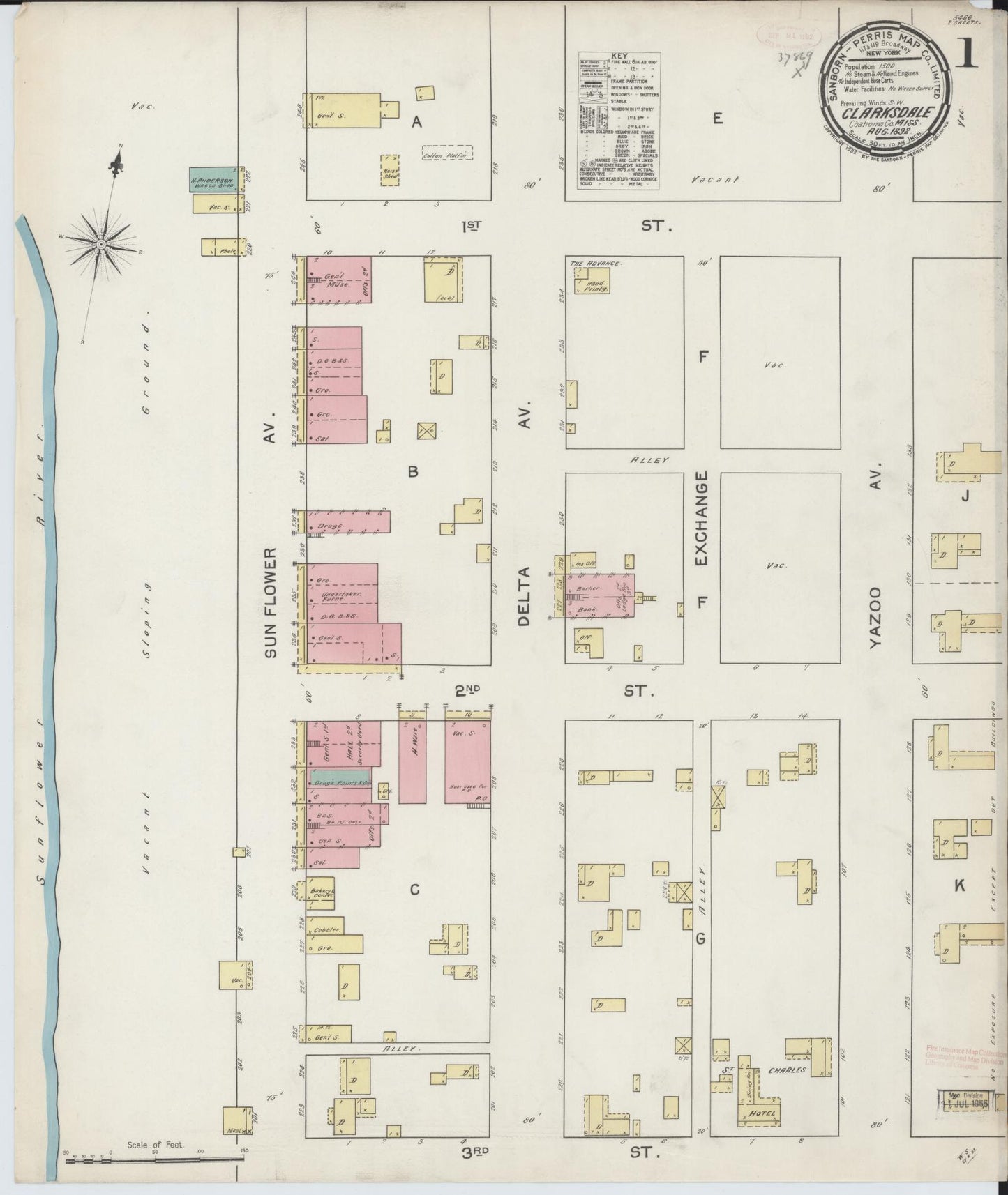 Sanborn Fire Insurance Map from Clarksdale, Coahoma County, Mississippi (1892), Sheet #0001 - Complete Map Set gallery image, historic Sanborn map, vintage wall art, Mississippi Mississippi