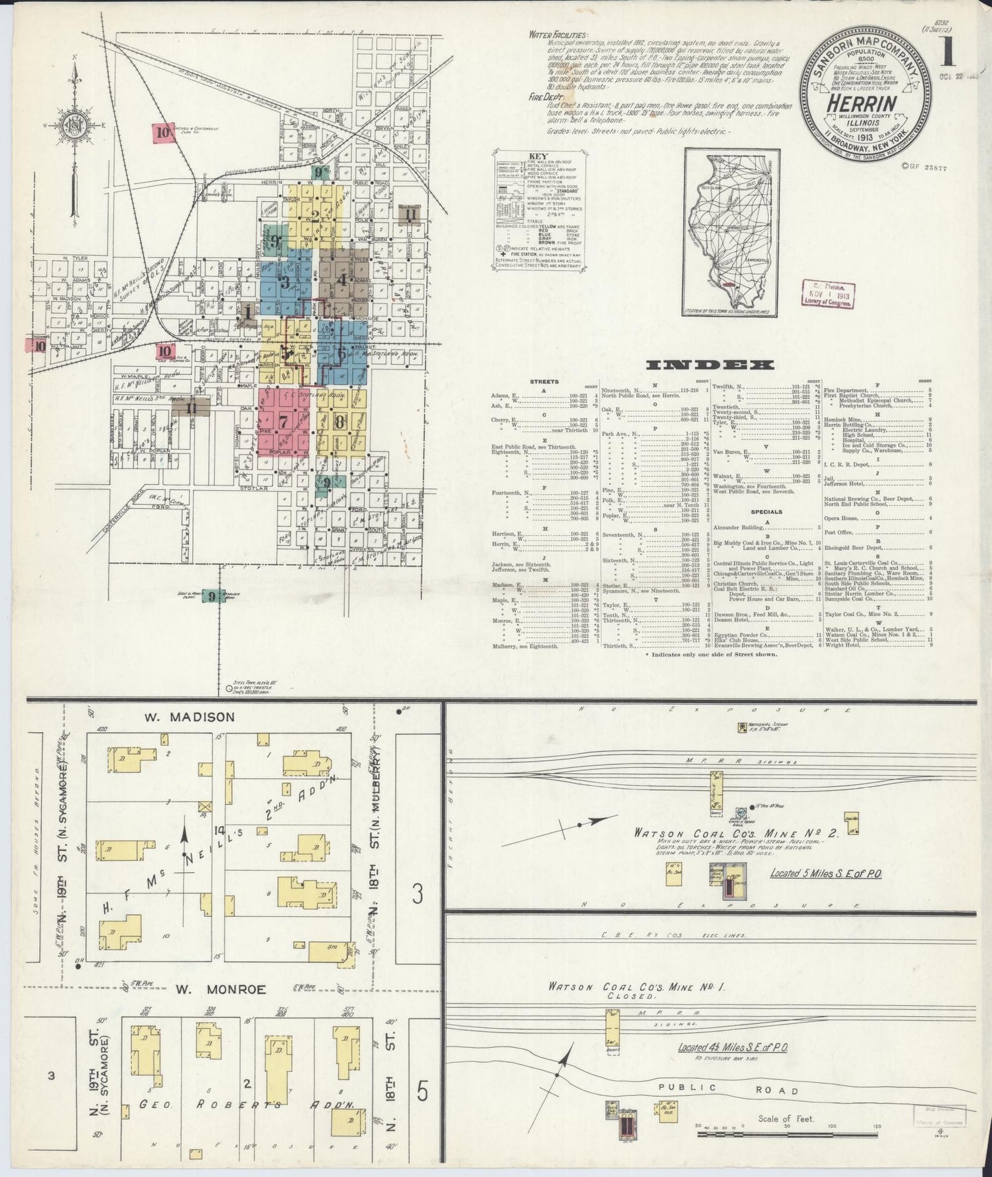 Sanborn Fire Insurance Map from Herrin, Williamson County, Illinois (1913), Sheet #0001 - Complete Map Set gallery image, historic Sanborn map, vintage wall art, Illinois Illinois