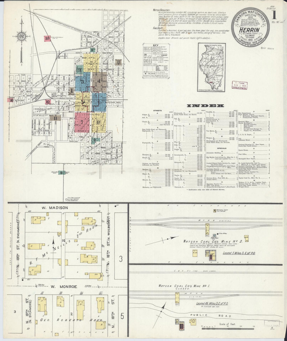 Sanborn Fire Insurance Map from Herrin, Williamson County, Illinois (1913), Sheet #0001 - Complete Map Set gallery image, historic Sanborn map, vintage wall art, Illinois Illinois