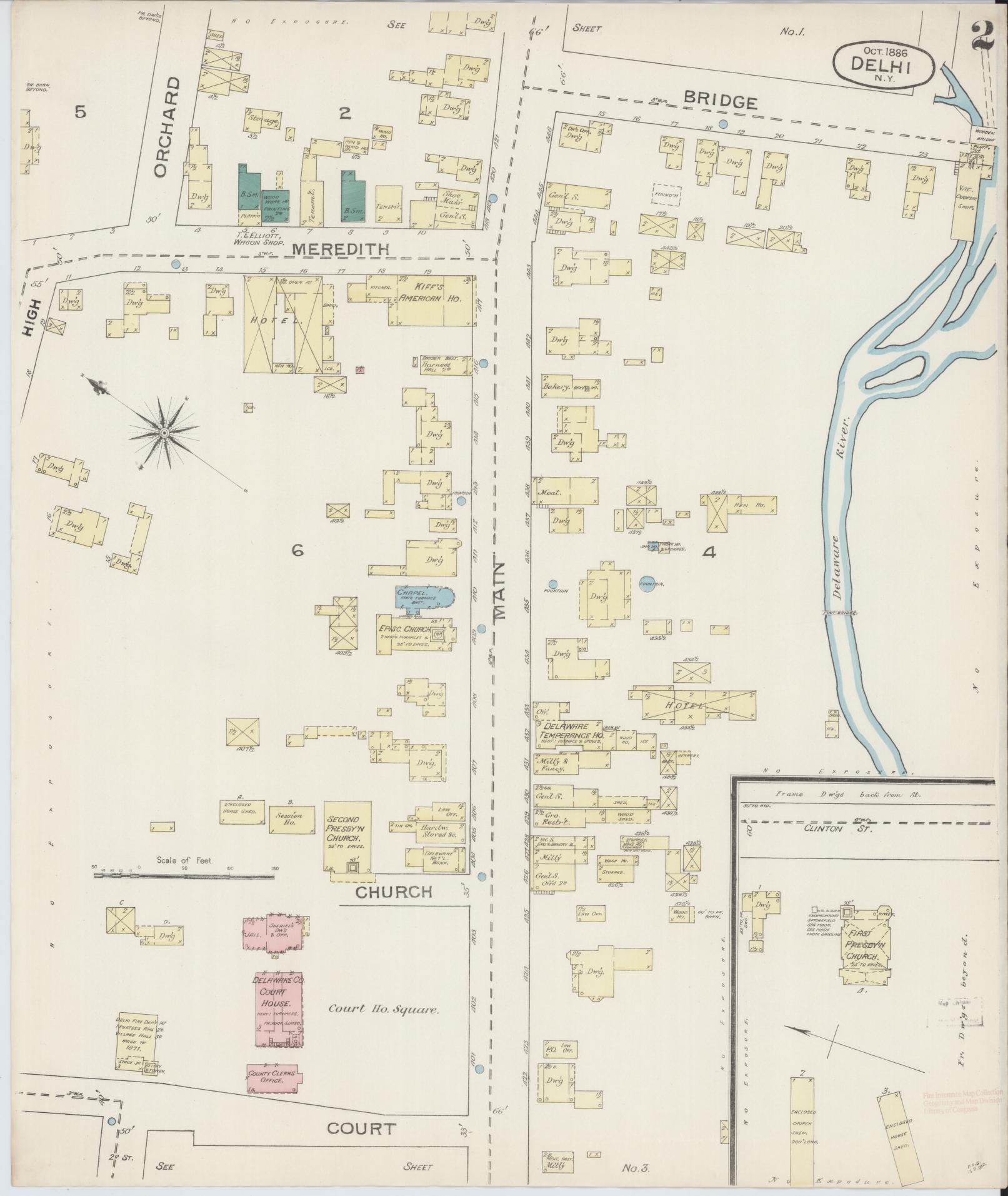 Sanborn Fire Insurance Map from Delhi, Delaware County, New York (1886), Sheet #0002 - Historic Sanborn Fire Insurance Map Print, vintage old map wall art, antique decor, genealogy gift, Delhi Delaware map
