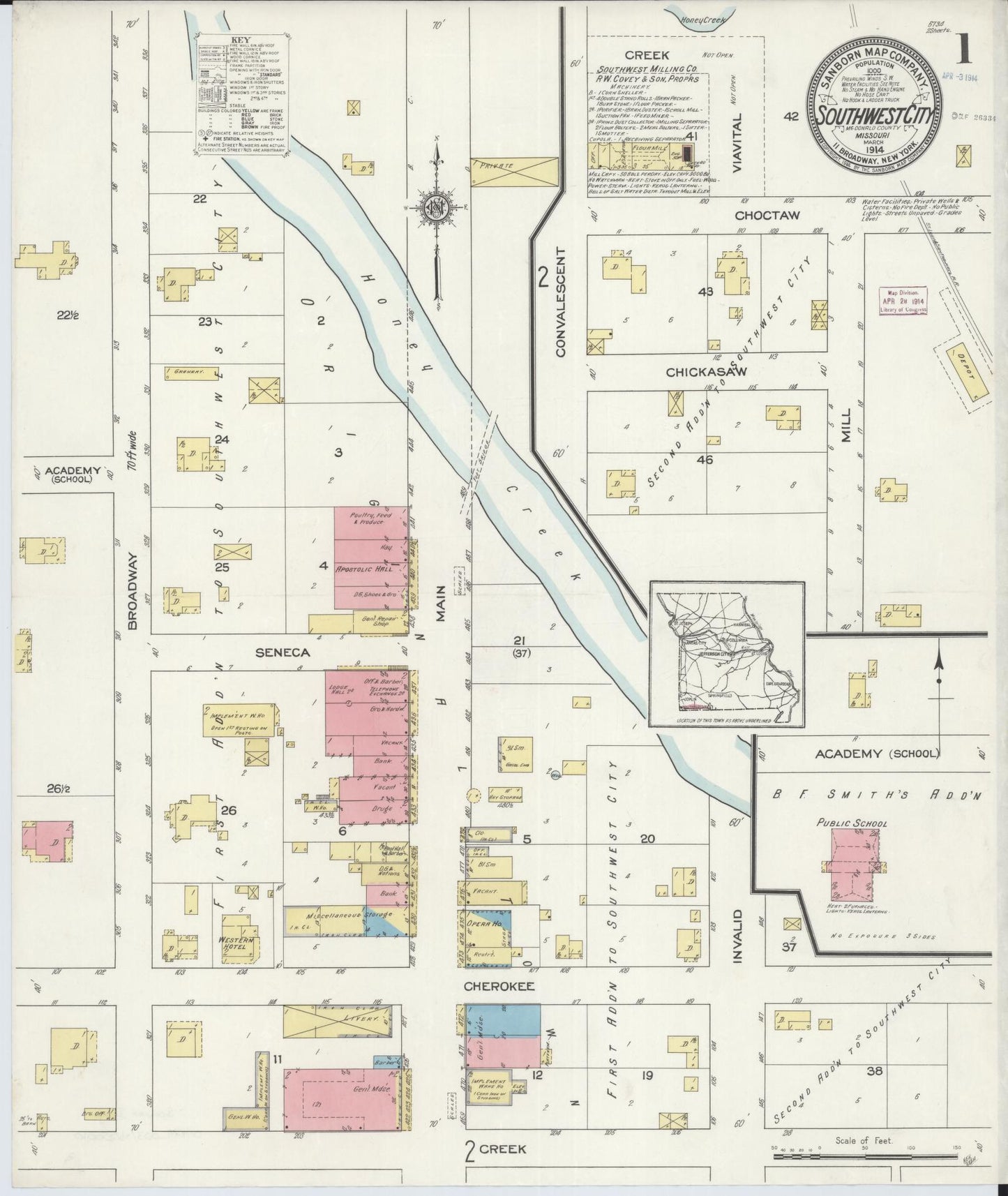 Sanborn Fire Insurance Map from Southwest City, Mcdonald County, Missouri (1914), Sheet #0001 - Complete Map Set gallery image, historic Sanborn map, vintage wall art, Missouri Missouri