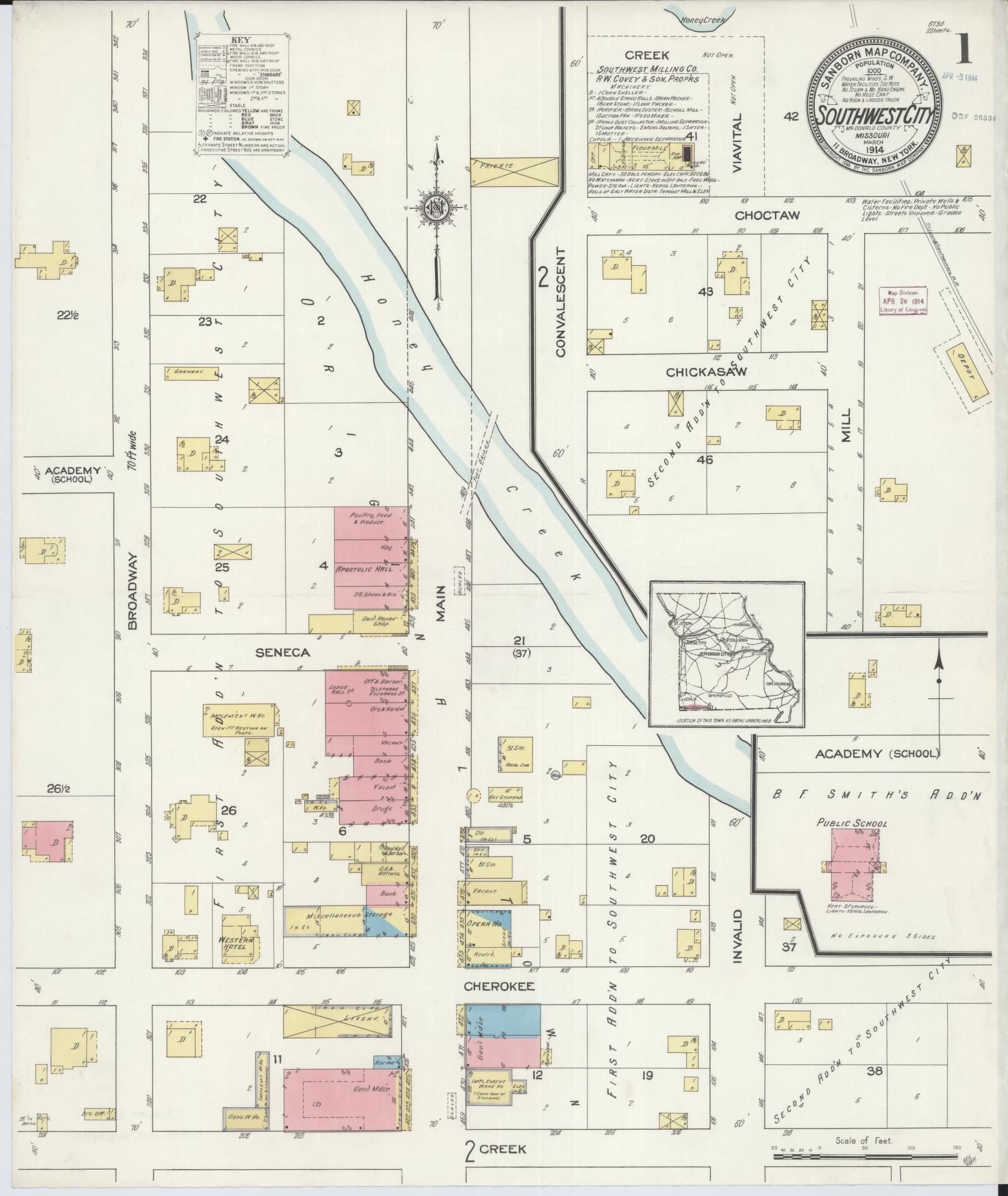 Sanborn Fire Insurance Map from Southwest City, Mcdonald County, Missouri (1914), Sheet #0001 - Complete Map Set gallery image, historic Sanborn map, vintage wall art, Missouri Missouri