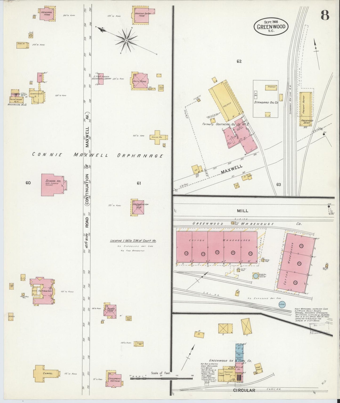 Sanborn Fire Insurance Map from Greenwood, Greenwood County, South Carolina (1908), Sheet #0008 - Complete Map Set gallery image, historic Sanborn map, vintage wall art, South Carolina South Carolina