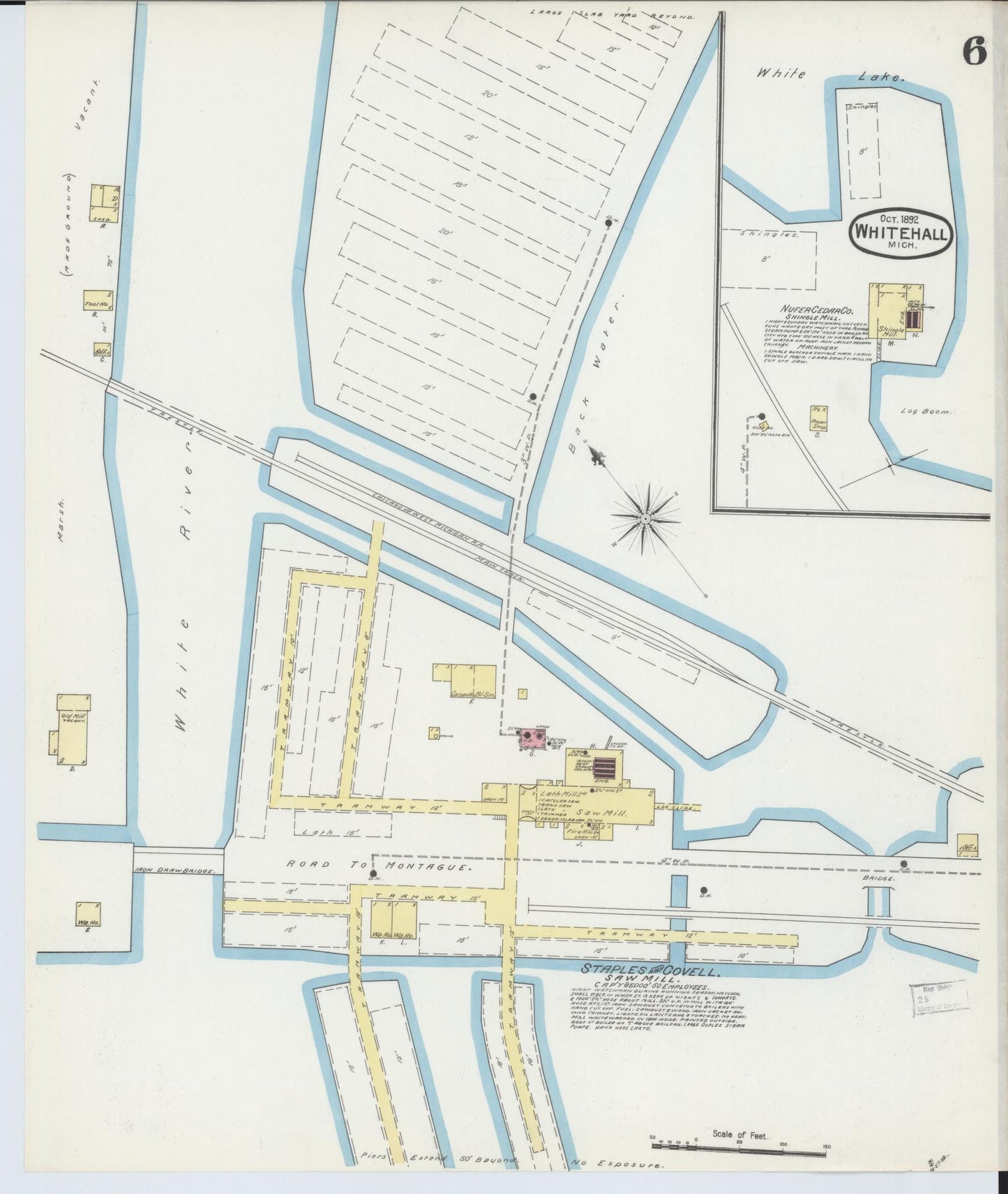 Sanborn Fire Insurance Map from Whitehall, Muskegon County, Michigan (1892), Sheet #0006 - Historic Sanborn Fire Insurance Map Print, vintage old map wall art, antique decor, genealogy gift, Michigan Michigan map