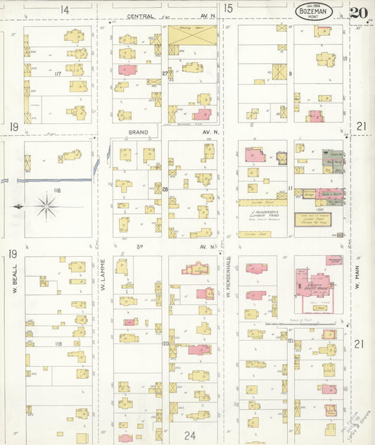 Sanborn Fire Insurance Map from Bozeman, Gallatin County, Montana (1904), Sheet #0020 - Historic Sanborn Fire Insurance Map Print, vintage old map wall art, antique decor, genealogy gift, Montana Montana map