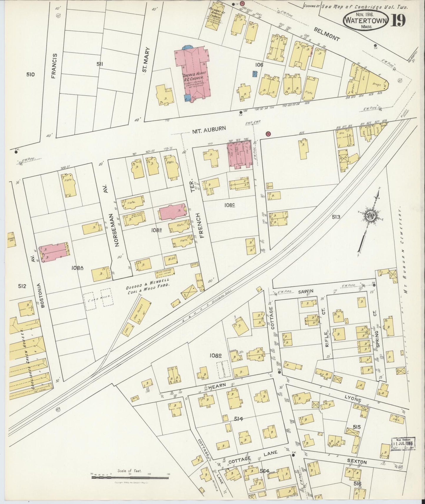Sanborn Fire Insurance Map from Watertown, Middlesex County, Massachusetts (1916), Sheet #0019 - Complete Map Set gallery image, historic Sanborn map, vintage wall art, Massachusetts Massachusetts