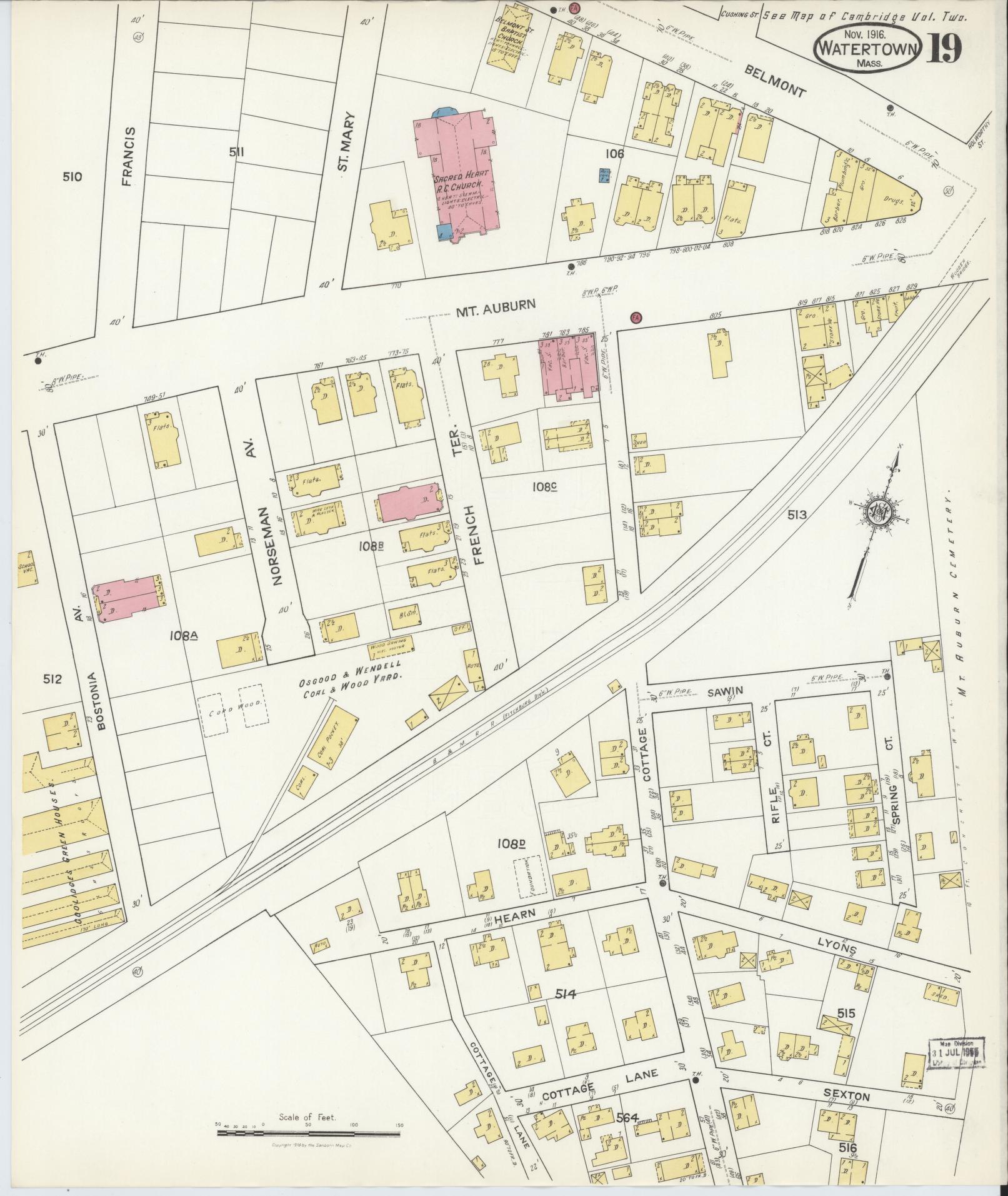 Sanborn Fire Insurance Map from Watertown, Middlesex County, Massachusetts (1916), Sheet #0019 - Complete Map Set gallery image, historic Sanborn map, vintage wall art, Massachusetts Massachusetts