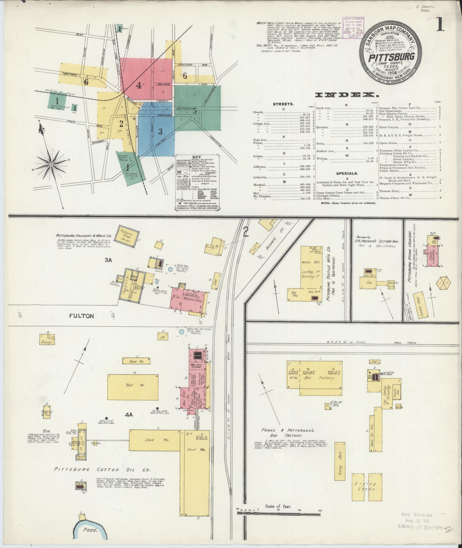 Sanborn Fire Insurance Map from Pittsburg, Camp County, Texas (1906), Sheet #0001 - Historic Sanborn Fire Insurance Map Print, vintage old map wall art, antique decor, genealogy gift, Texas Texas map