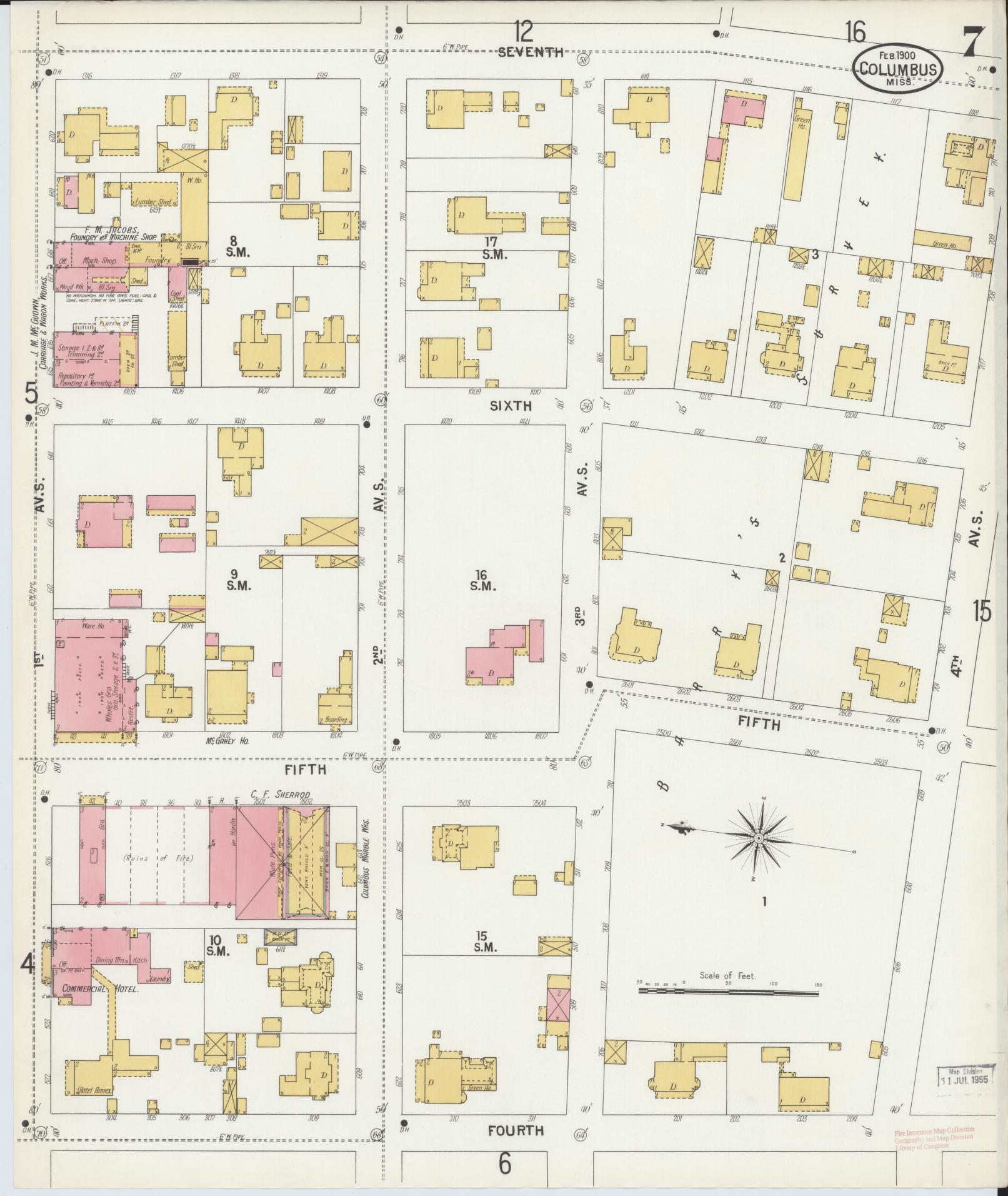 Sanborn Fire Insurance Map from Columbus, Lowndes County, Mississippi (1900), Sheet #0007 - Historic Sanborn Fire Insurance Map Print, vintage old map wall art, antique decor, genealogy gift, Mississippi Mississippi map