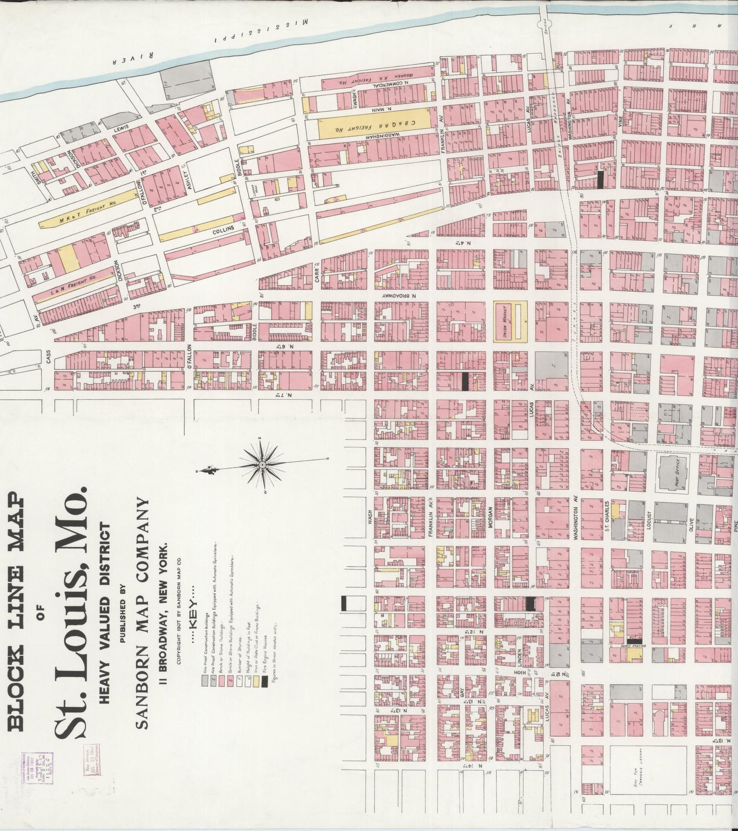 Sanborn Fire Insurance Map from Saint Louis, Independent City, Missouri (1907), Sheet #0001 - Historic Sanborn Fire Insurance Map Print, vintage old map wall art, antique decor, genealogy gift, Missouri Missouri map