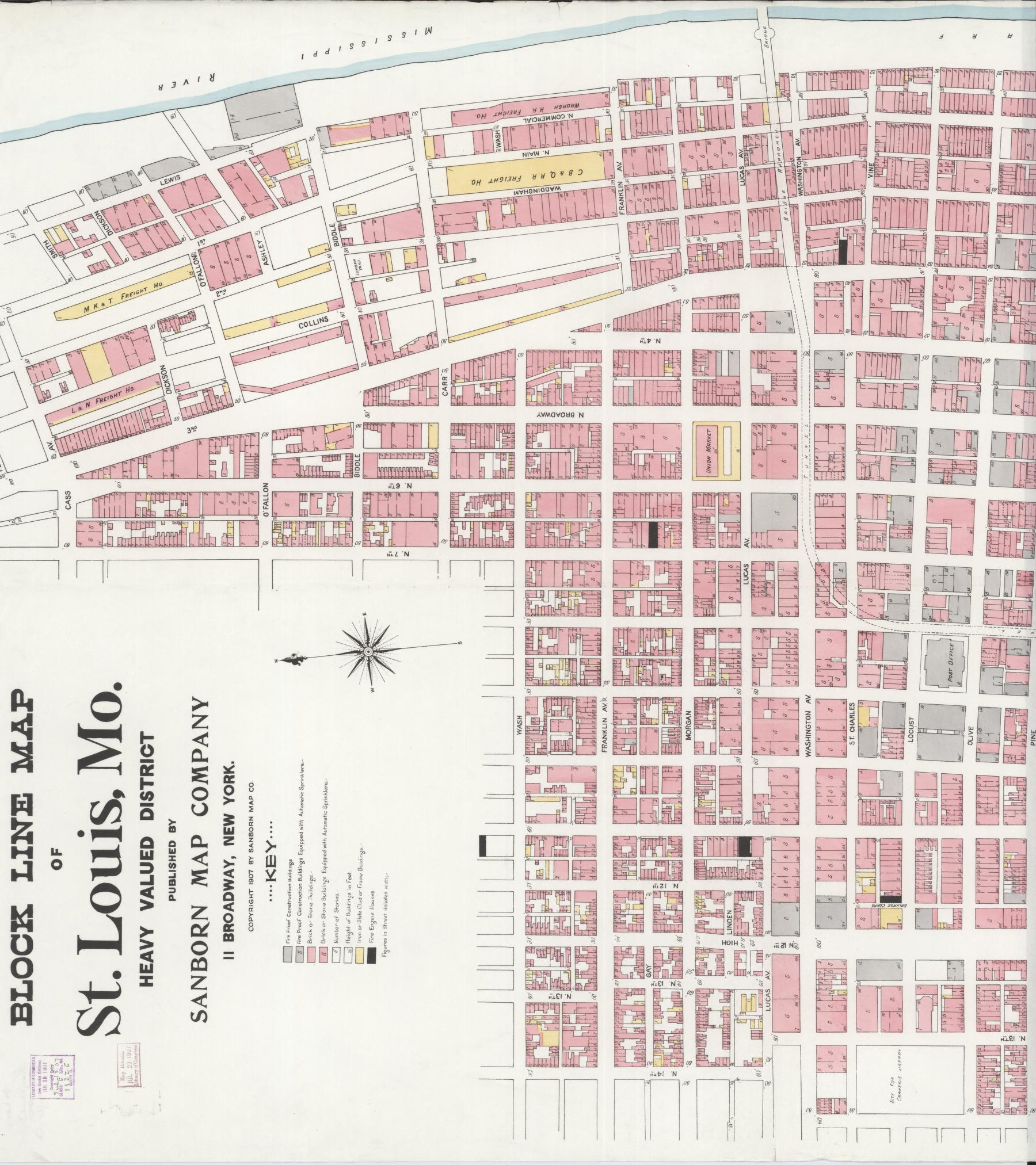 Sanborn Fire Insurance Map from Saint Louis, Independent City, Missouri (1907), Sheet #0001 - Historic Sanborn Fire Insurance Map Print, vintage old map wall art, antique decor, genealogy gift, Missouri Missouri map