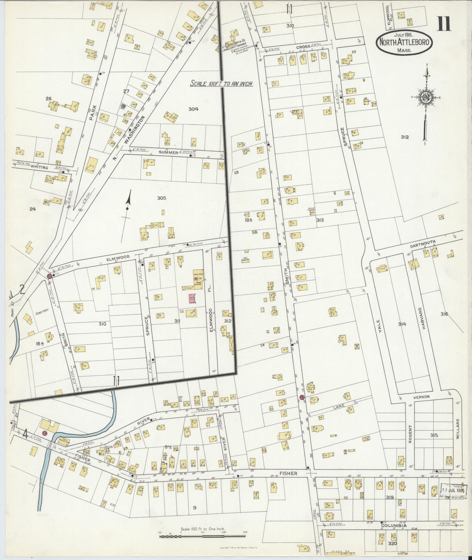 Sanborn Fire Insurance Map from North Attleborough, Bristol County, Massachusetts (1916), Sheet #0011 - Historic Sanborn Fire Insurance Map Print, vintage old map wall art, antique decor, genealogy gift, Massachusetts Massachusetts map