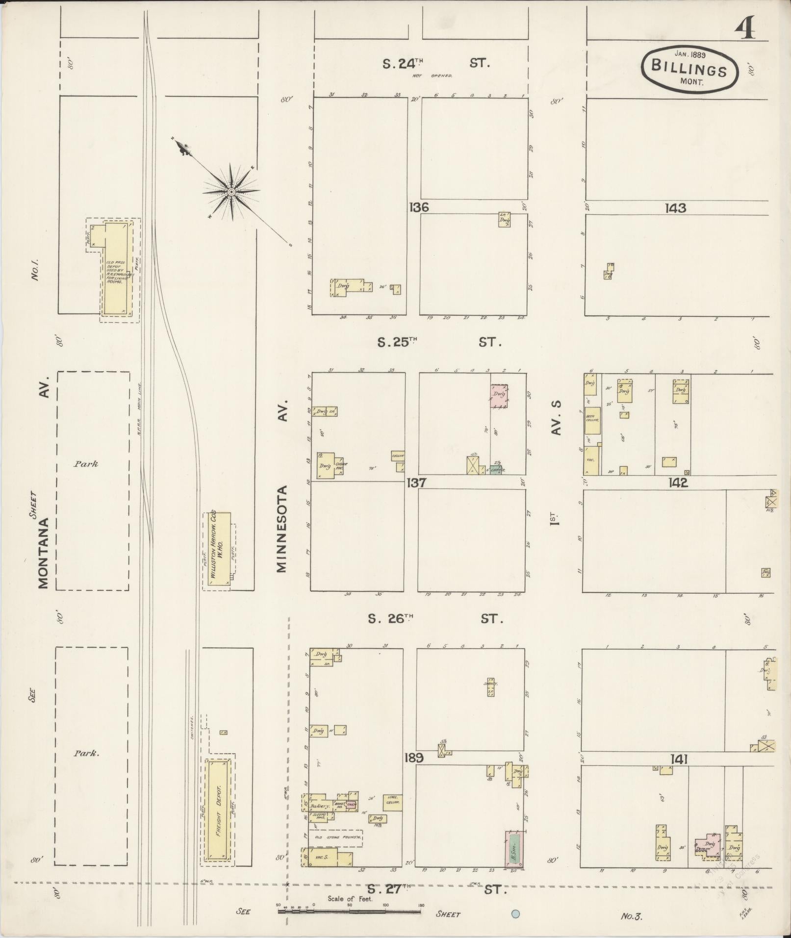 Sanborn Fire Insurance Map from Billings, Yellowstone County, Montana (1889), Sheet #0004 - Historic Sanborn Fire Insurance Map Print, vintage old map wall art, antique decor, genealogy gift, Montana Montana map
