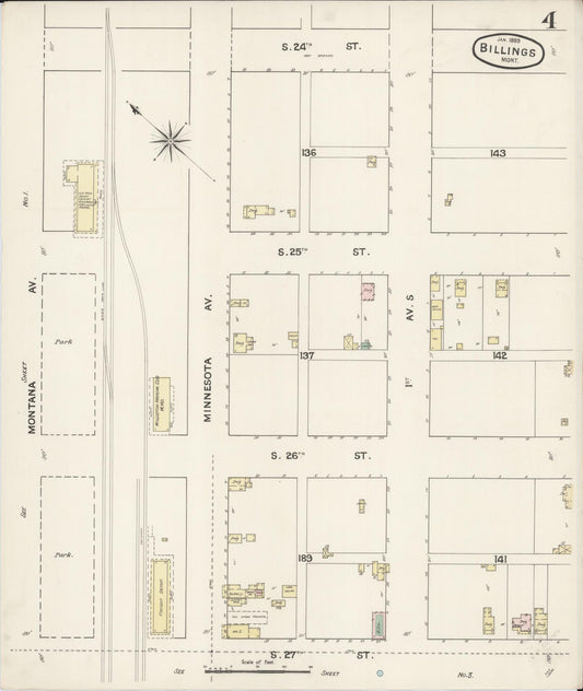 Sanborn Fire Insurance Map from Billings, Yellowstone County, Montana (1889), Sheet #0004 - Historic Sanborn Fire Insurance Map Print, vintage old map wall art, antique decor, genealogy gift, Montana Montana map