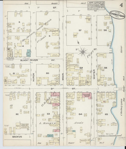 Sanborn Fire Insurance Map from Cheboygan, Cheboygan County, Michigan (1884), Sheet #0004 - Complete Map Set gallery image, historic Sanborn map, vintage wall art, Michigan Michigan