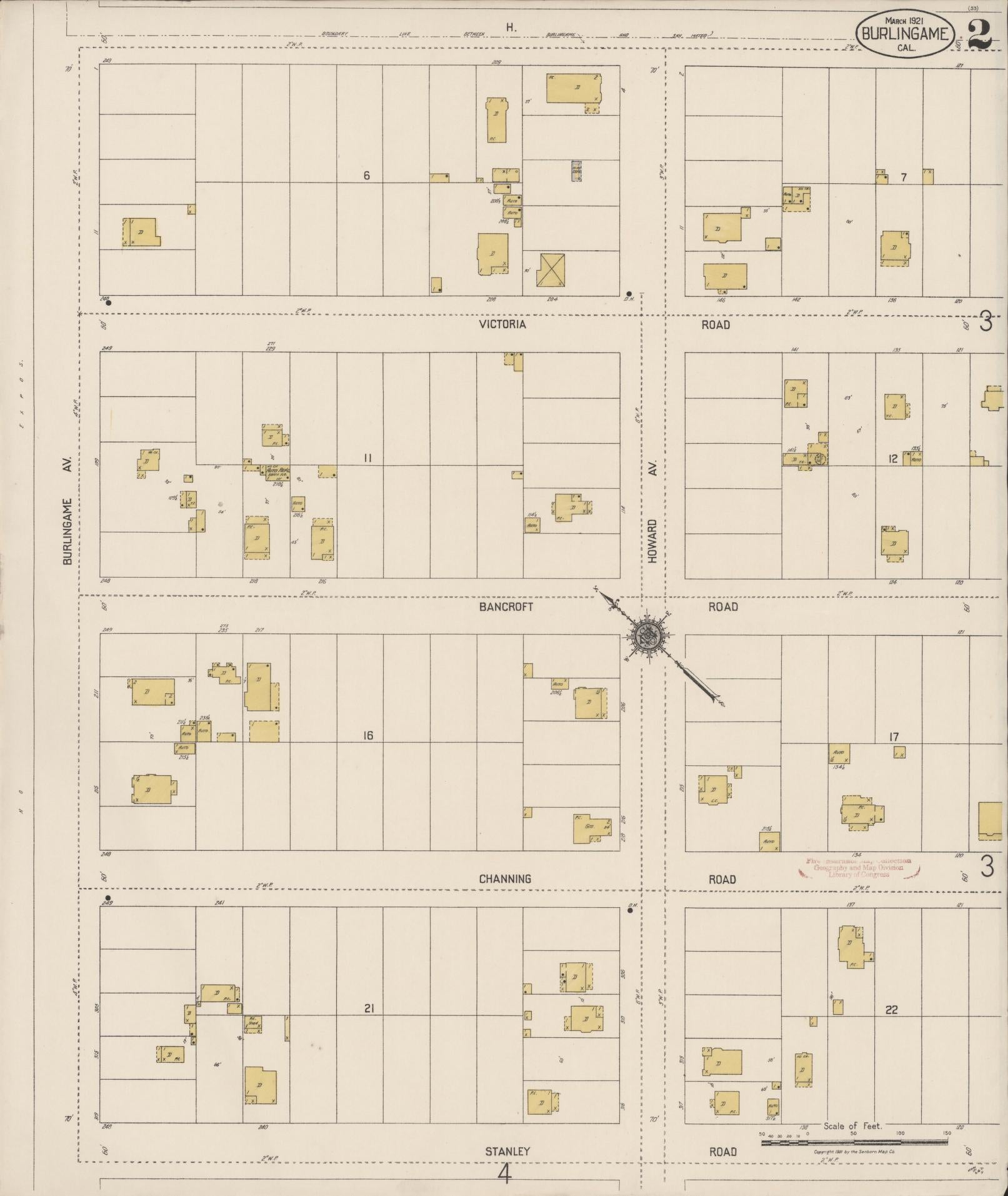 Sanborn Fire Insurance Map from Burlingame, San Mateo County, California (1921), Sheet #0002 - Historic Sanborn Fire Insurance Map Print, vintage old map wall art, antique decor, genealogy gift, California California map