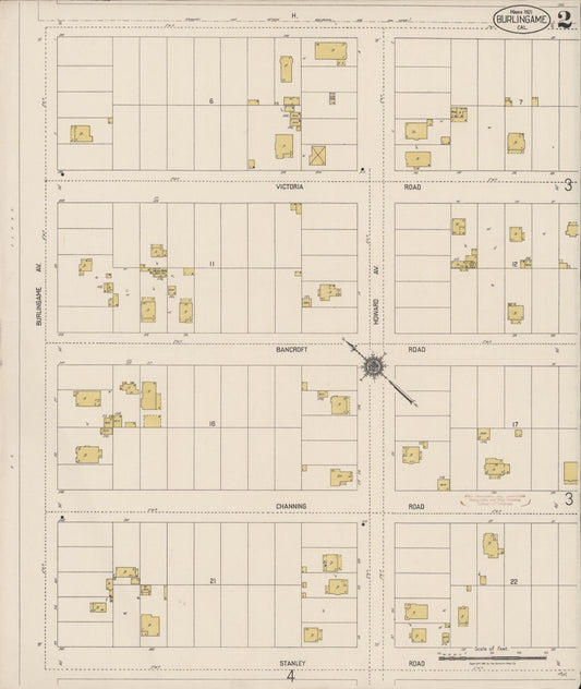 Sanborn Fire Insurance Map from Burlingame, San Mateo County, California (1921), Sheet #0002 - Historic Sanborn Fire Insurance Map Print, vintage old map wall art, antique decor, genealogy gift, California California map