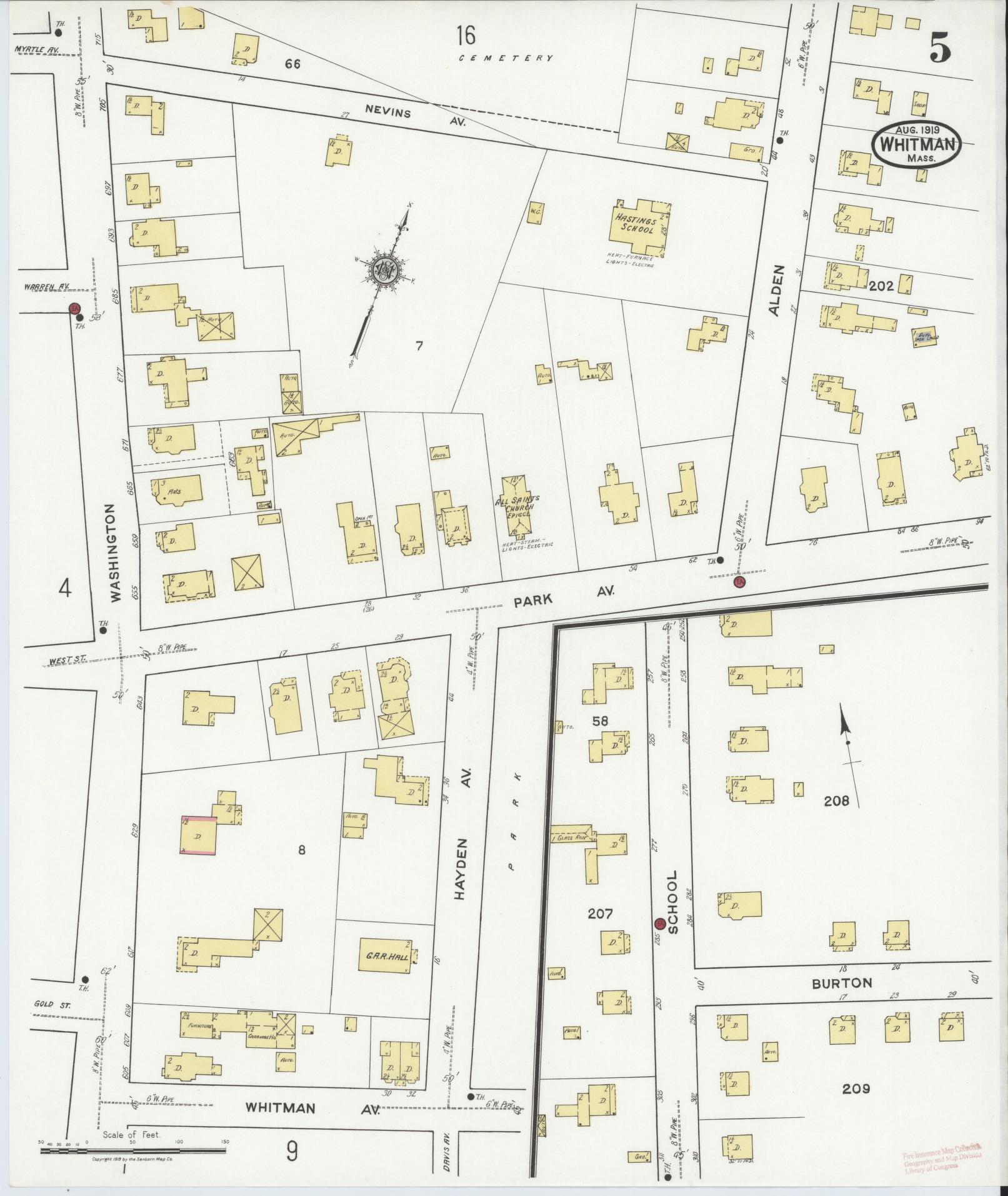 Sanborn Fire Insurance Map from Whitman, Plymouth County, Massachusetts (1919), Sheet #0005 - Historic Sanborn Fire Insurance Map Print, vintage old map wall art, antique decor, genealogy gift, Massachusetts Massachusetts map