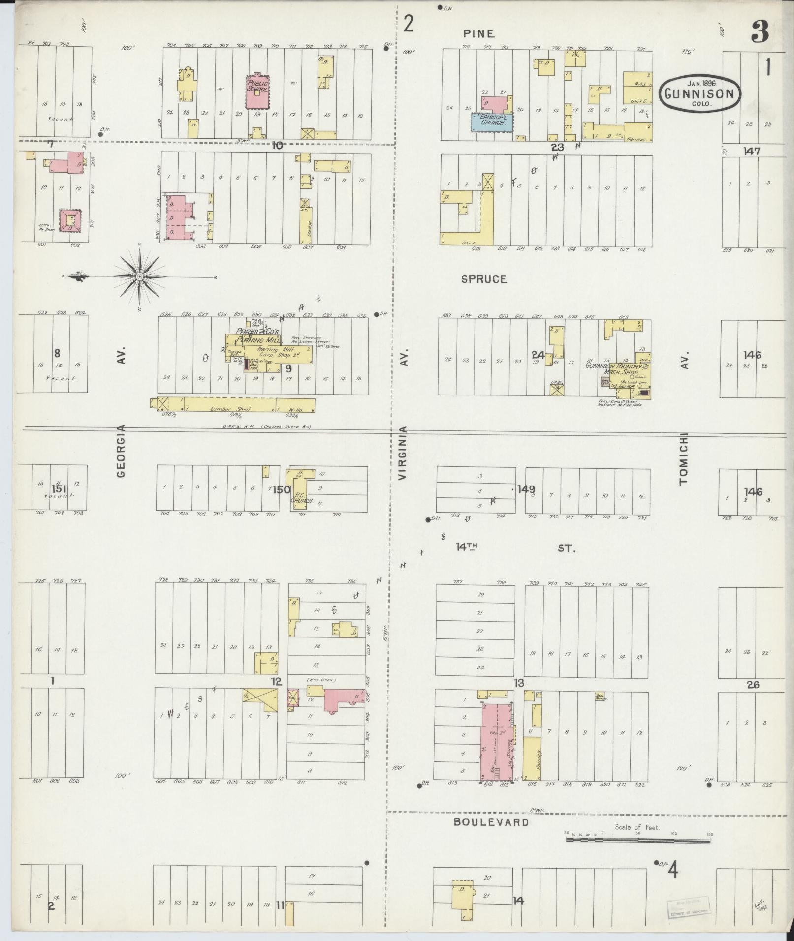 Sanborn Fire Insurance Map from Gunnison, Gunnison County, Colorado (1896), Sheet #0003 - Historic Sanborn Fire Insurance Map Print, vintage old map wall art, antique decor, genealogy gift, Colorado Colorado map