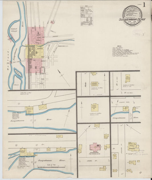Sanborn Fire Insurance Map from Susquehanna, Susquehanna County, Pennsylvania (1885), Sheet #0001 - Historic Sanborn Fire Insurance Map Print, vintage old map wall art, antique decor, genealogy gift, Pennsylvania Pennsylvania map