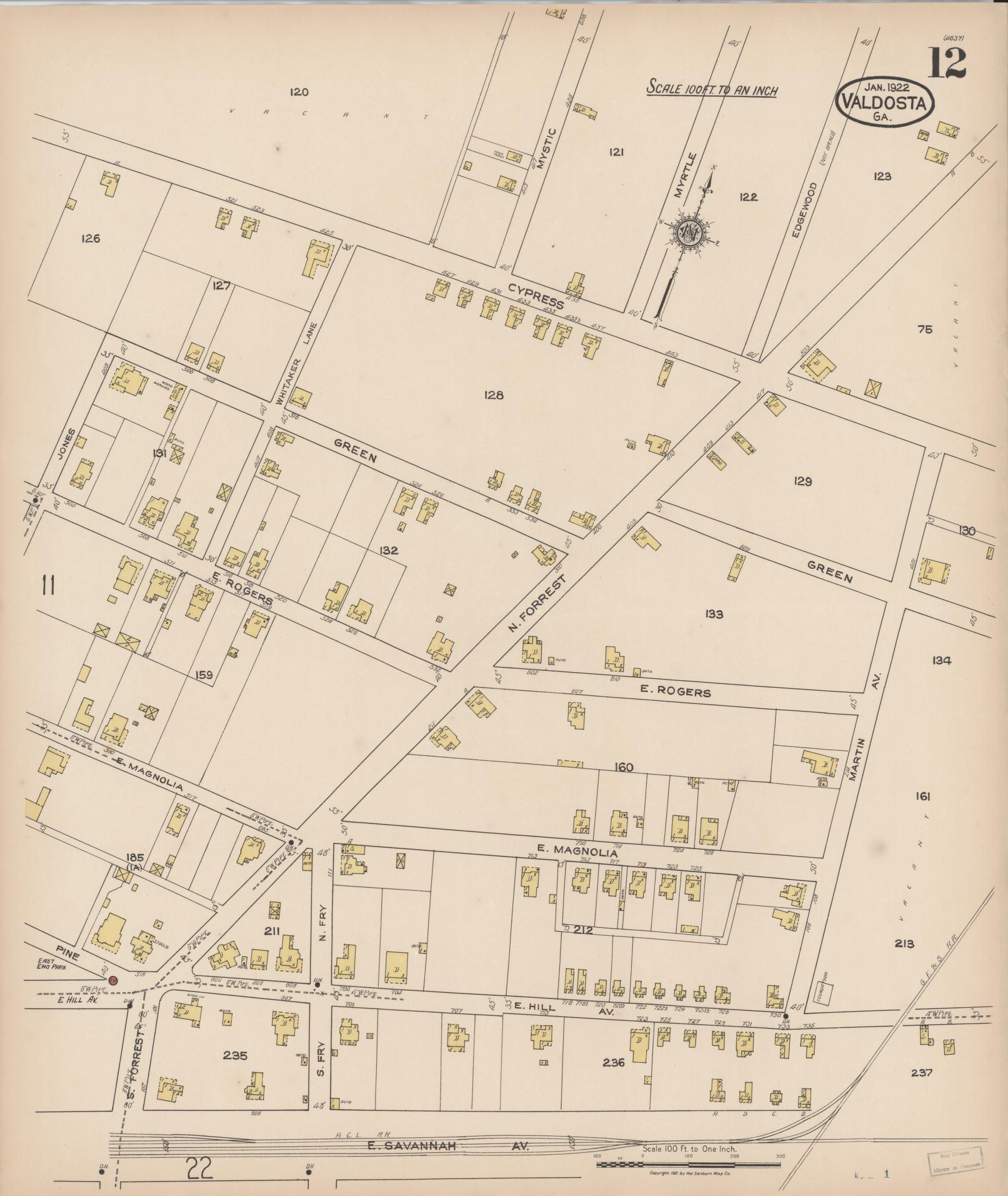 Sanborn Fire Insurance Map from Valdosta, Lowndes County, Georgia (1922), Sheet #0012 - Historic Sanborn Fire Insurance Map Print, vintage old map wall art, antique decor, genealogy gift, Georgia Georgia map
