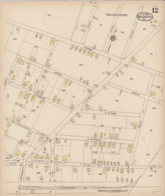 Sanborn Fire Insurance Map from Valdosta, Lowndes County, Georgia (1922), Sheet #0012 - Historic Sanborn Fire Insurance Map Print, vintage old map wall art, antique decor, genealogy gift, Georgia Georgia map