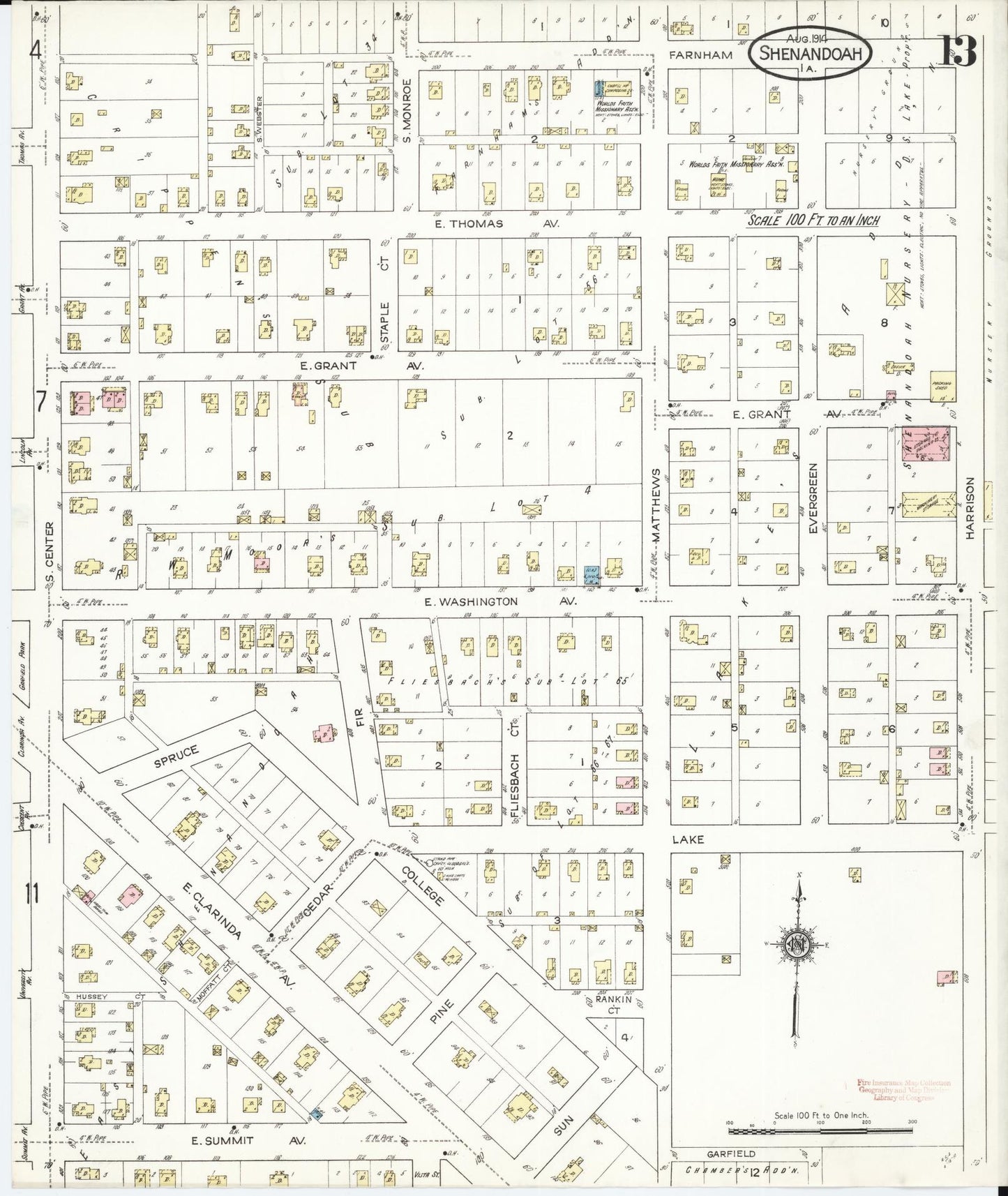 Sanborn Fire Insurance Map from Shenandoah, Page County, Iowa (1914), Sheet #0013 - Historic Sanborn Fire Insurance Map Print, vintage old map wall art