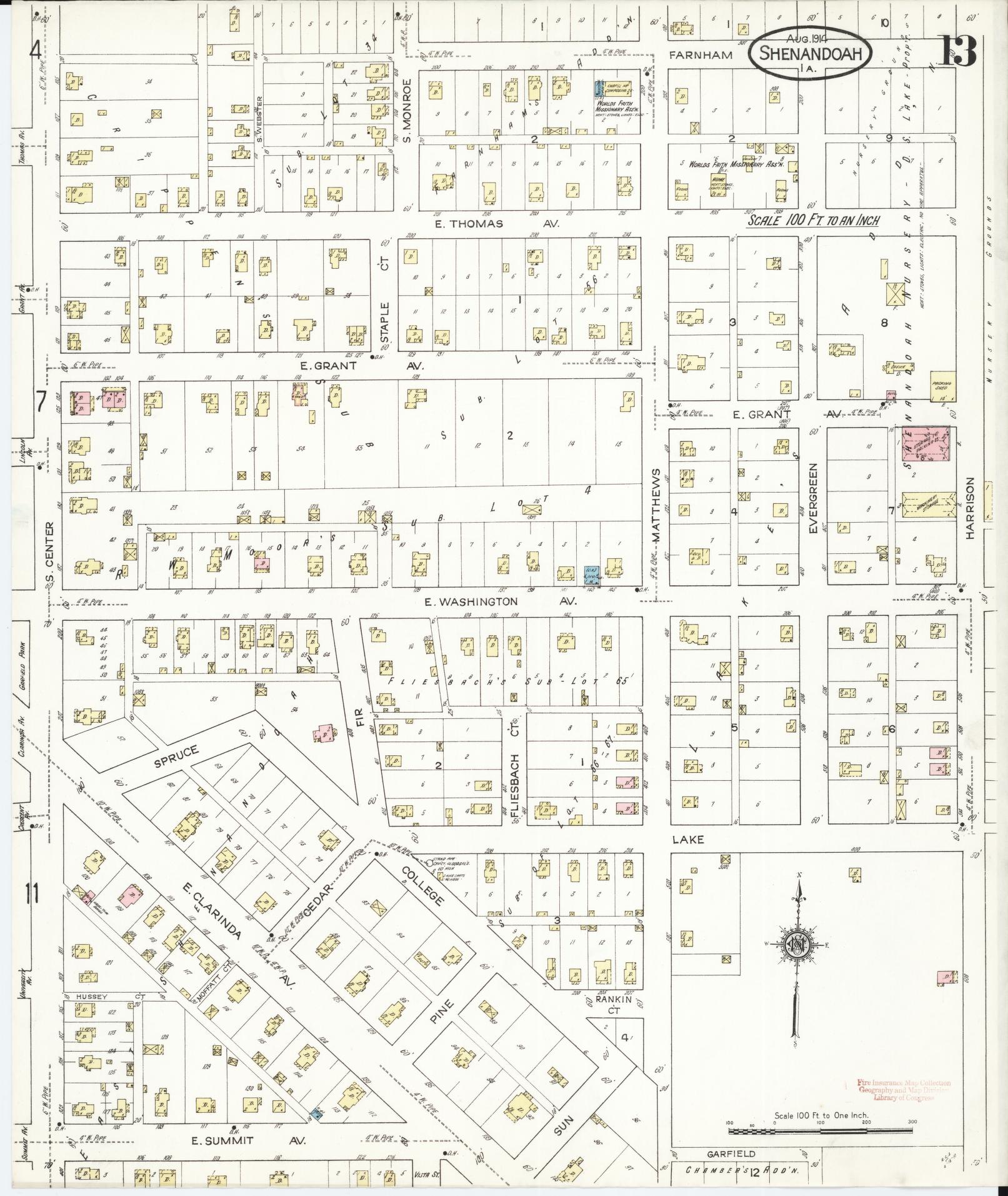 Sanborn Fire Insurance Map from Shenandoah, Page County, Iowa (1914), Sheet #0013 - Historic Sanborn Fire Insurance Map Print, vintage old map wall art