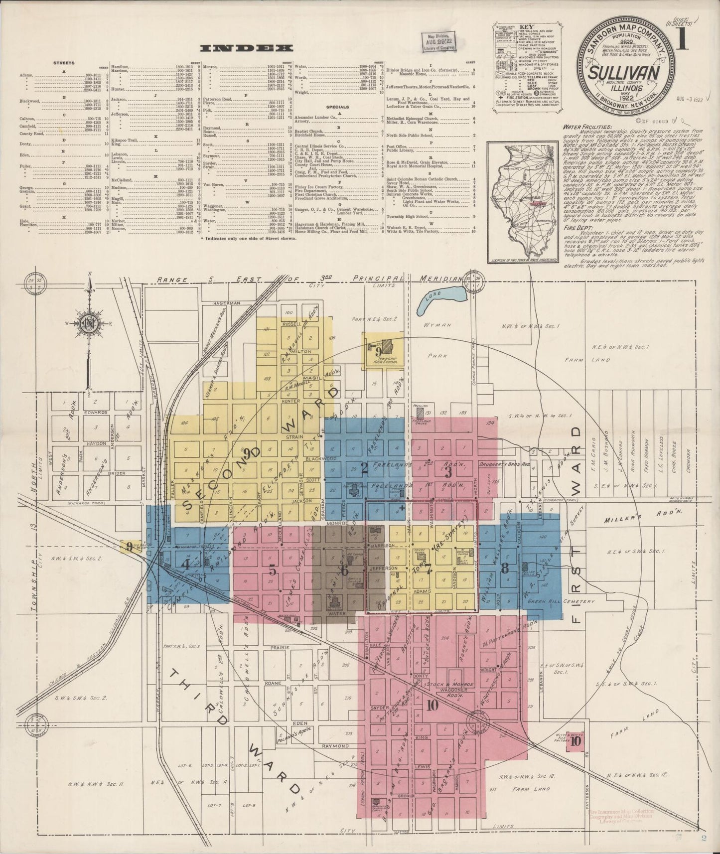 Sanborn Fire Insurance Map from Sullivan, Moultrie County, Illinois (1922), Sheet #0001 - Historic Sanborn Fire Insurance Map Print, vintage old map wall art, antique decor, genealogy gift, Illinois Illinois map