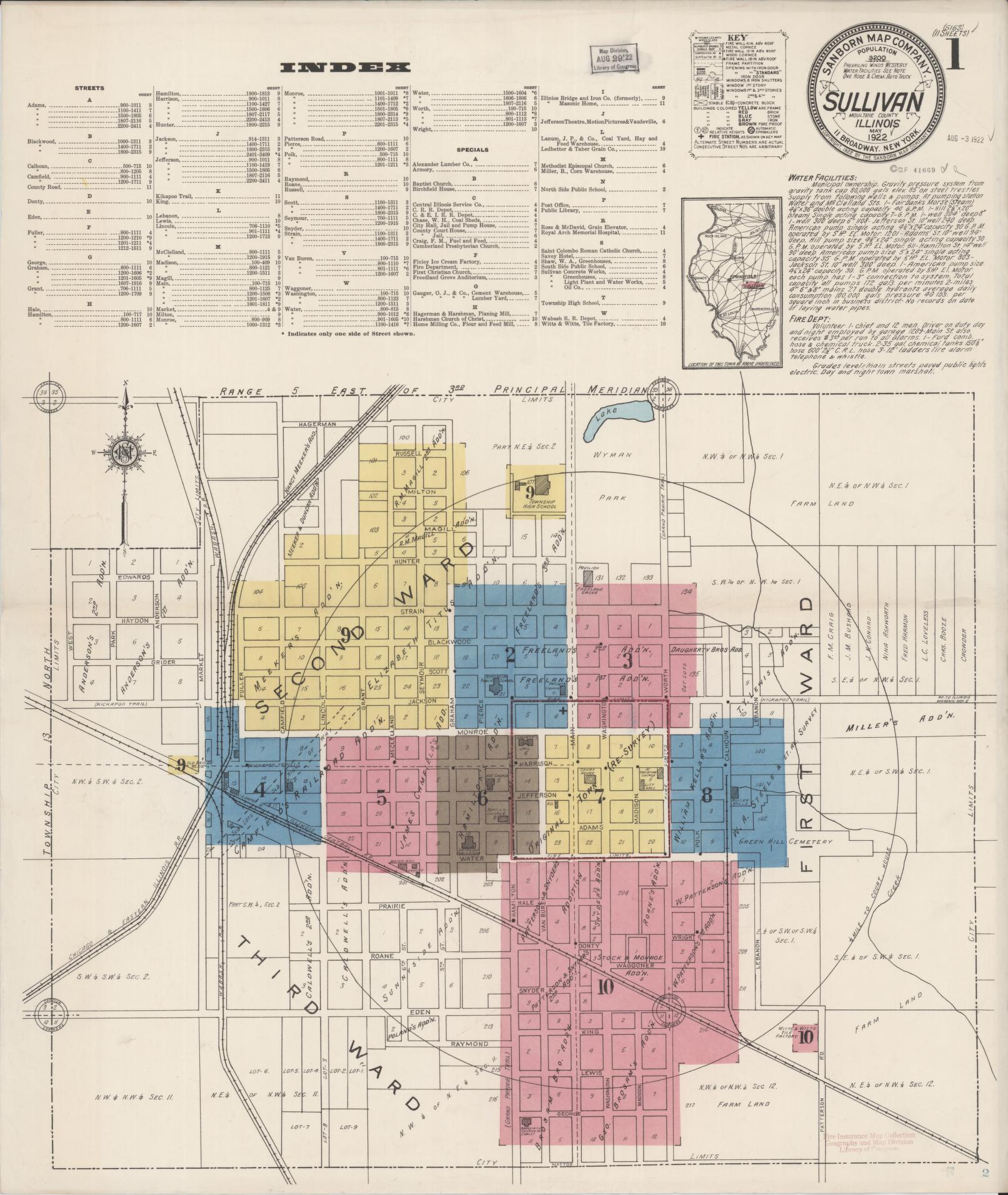 Sanborn Fire Insurance Map from Sullivan, Moultrie County, Illinois (1922), Sheet #0001 - Historic Sanborn Fire Insurance Map Print, vintage old map wall art, antique decor, genealogy gift, Illinois Illinois map