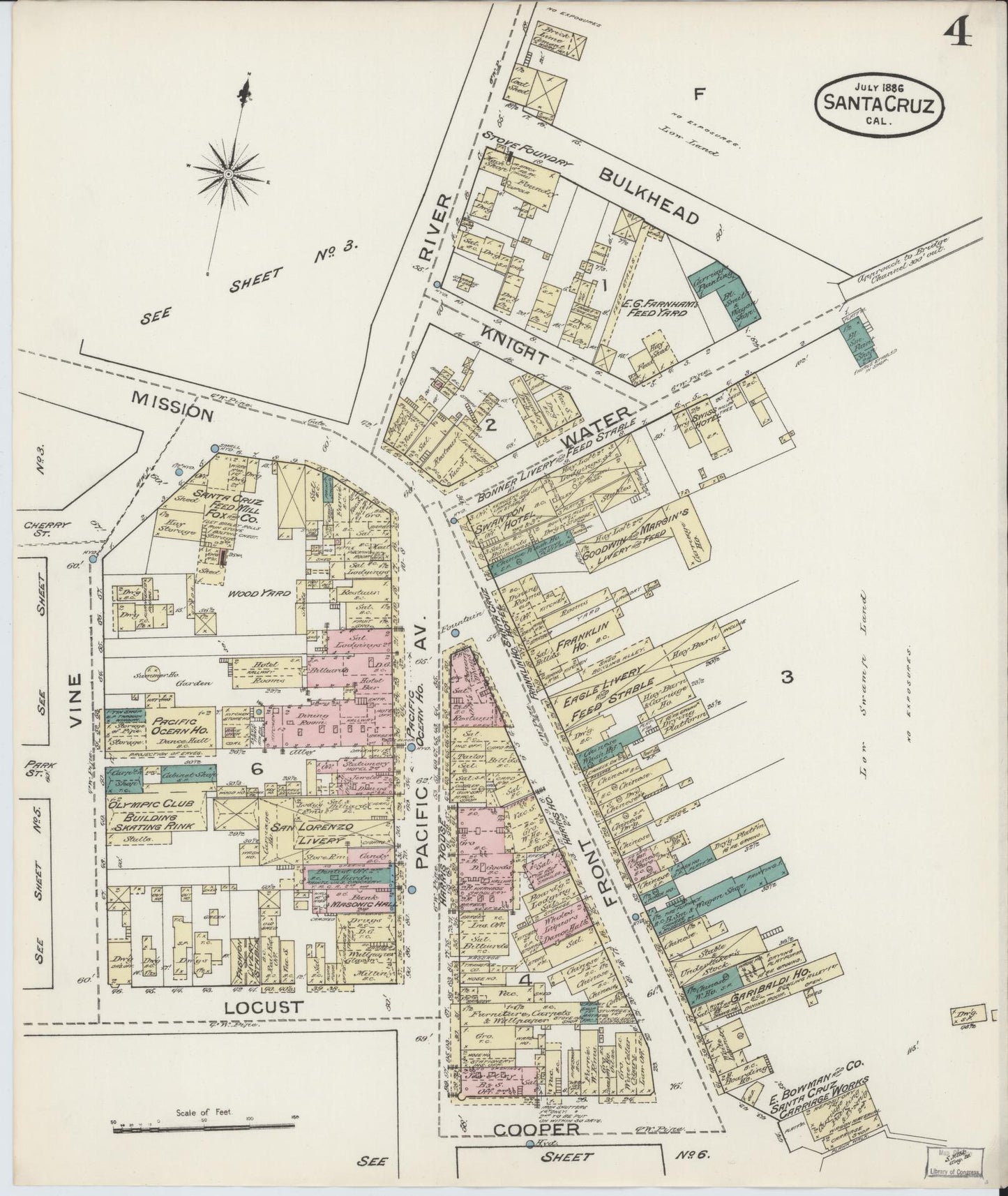 Sanborn Fire Insurance Map from Santa Cruz, Santa Cruz County, California (1886), Sheet #0004 - Complete Map Set gallery image, historic Sanborn map, vintage wall art, California California