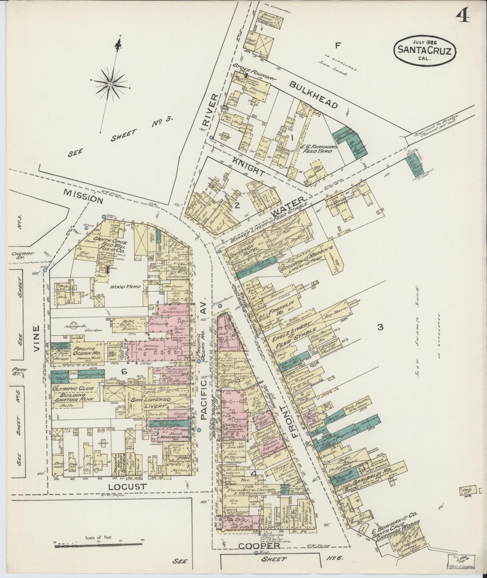 Sanborn Fire Insurance Map from Santa Cruz, Santa Cruz County, California (1886), Sheet #0004 - Complete Map Set gallery image, historic Sanborn map, vintage wall art, California California