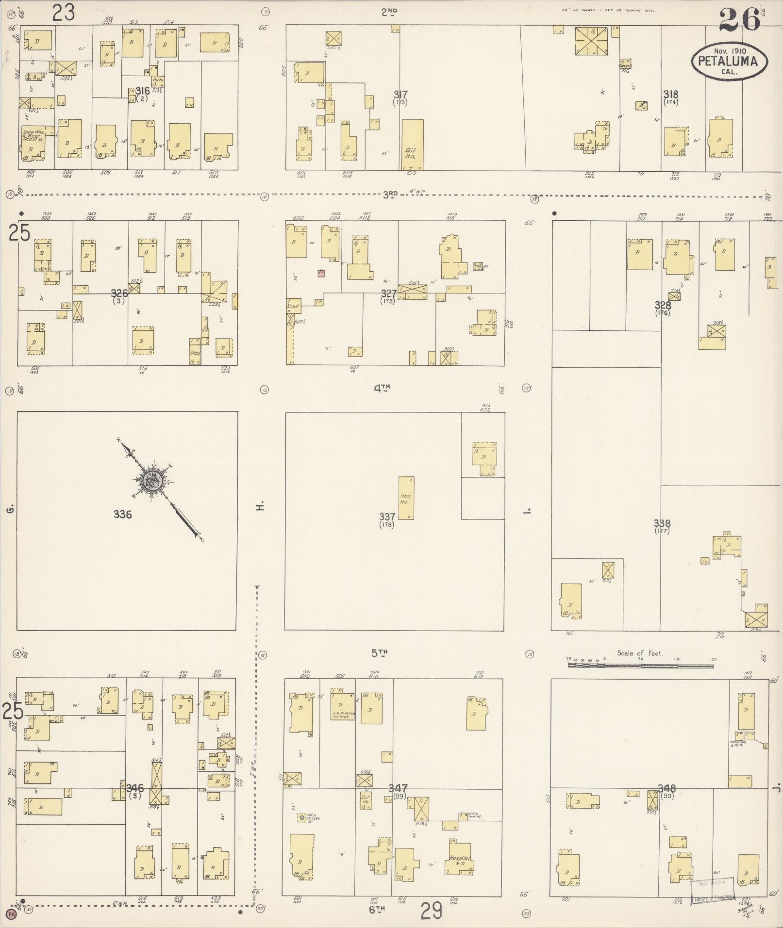 Sanborn Fire Insurance Map from Petaluma, Sonoma County, California (1910), Sheet #0026 - Complete Map Set gallery image, historic Sanborn map, vintage wall art, California California