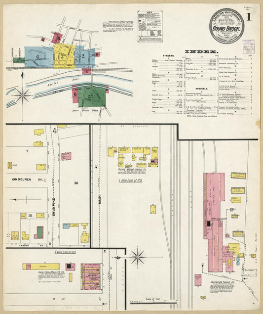 Sanborn Fire Insurance Map from Bound Brook, Somerset County, New Jersey (1902), Sheet #0001 - Historic Sanborn Fire Insurance Map Print, vintage old map wall art, antique decor, genealogy gift, New Jersey New Jersey map