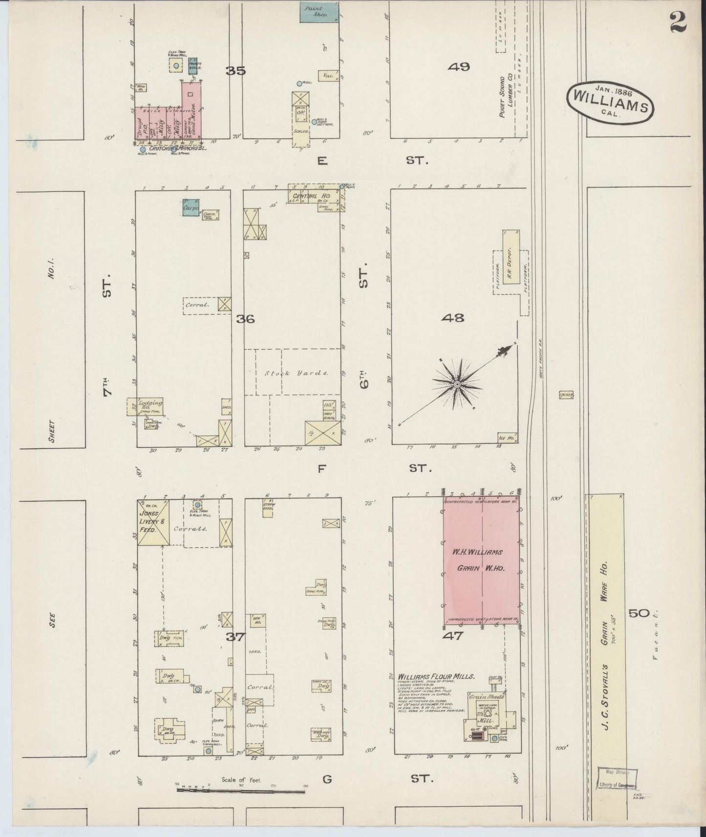 Sanborn Fire Insurance Map from Williams, Colusa County, California (1886), Sheet #0002 - Complete Map Set gallery image, historic Sanborn map, vintage wall art, California California