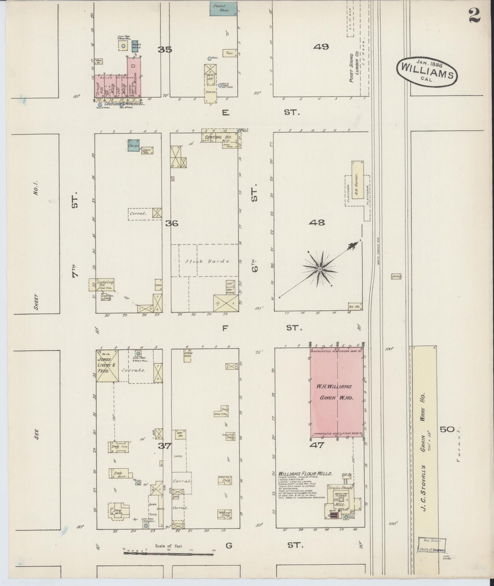 Sanborn Fire Insurance Map from Williams, Colusa County, California (1886), Sheet #0002 - Complete Map Set gallery image, historic Sanborn map, vintage wall art, California California