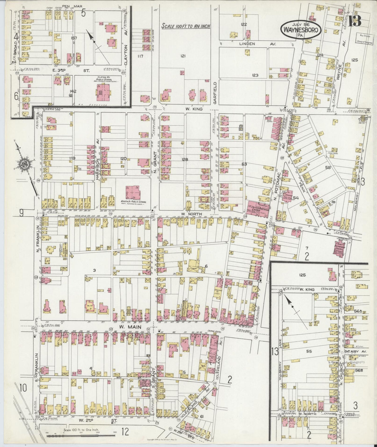 Sanborn Fire Insurance Map from Waynesboro, Franklin County, Pennsylvania (1916), Sheet #0013 - Historic Sanborn Fire Insurance Map Print, vintage old map wall art, antique decor, genealogy gift, Pennsylvania Pennsylvania map