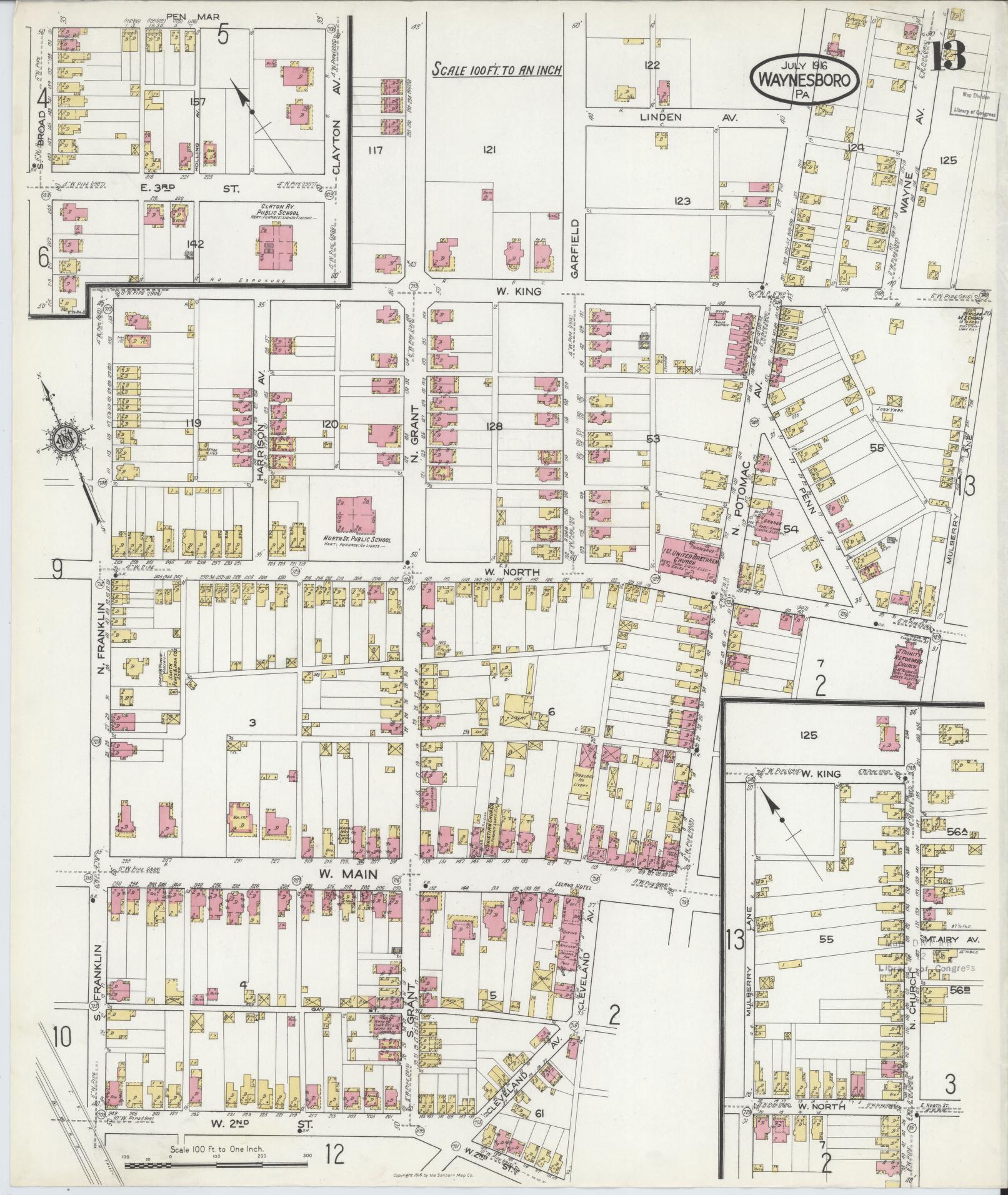 Sanborn Fire Insurance Map from Waynesboro, Franklin County, Pennsylvania (1916), Sheet #0013 - Historic Sanborn Fire Insurance Map Print, vintage old map wall art, antique decor, genealogy gift, Pennsylvania Pennsylvania map