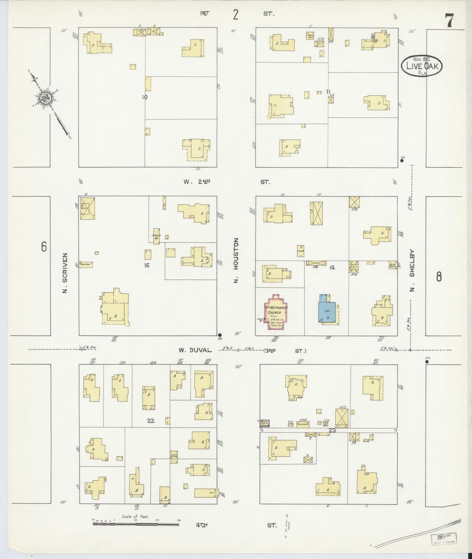 Sanborn Fire Insurance Map from Live Oak, Suwanee County, Florida (1912), Sheet #0007 - Complete Map Set gallery image, historic Sanborn map, vintage wall art, Florida Florida