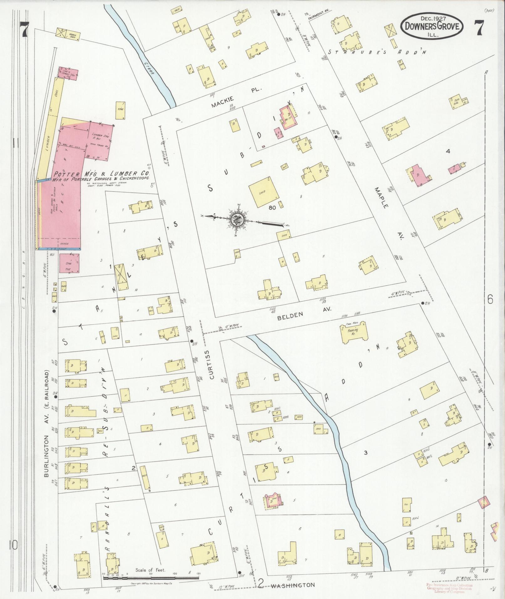 Sanborn Fire Insurance Map from Downers Grove, Dupage County, Illinois (1927), Sheet #0007 - Historic Sanborn Fire Insurance Map Print, vintage old map wall art, antique decor, genealogy gift, Illinois Illinois map
