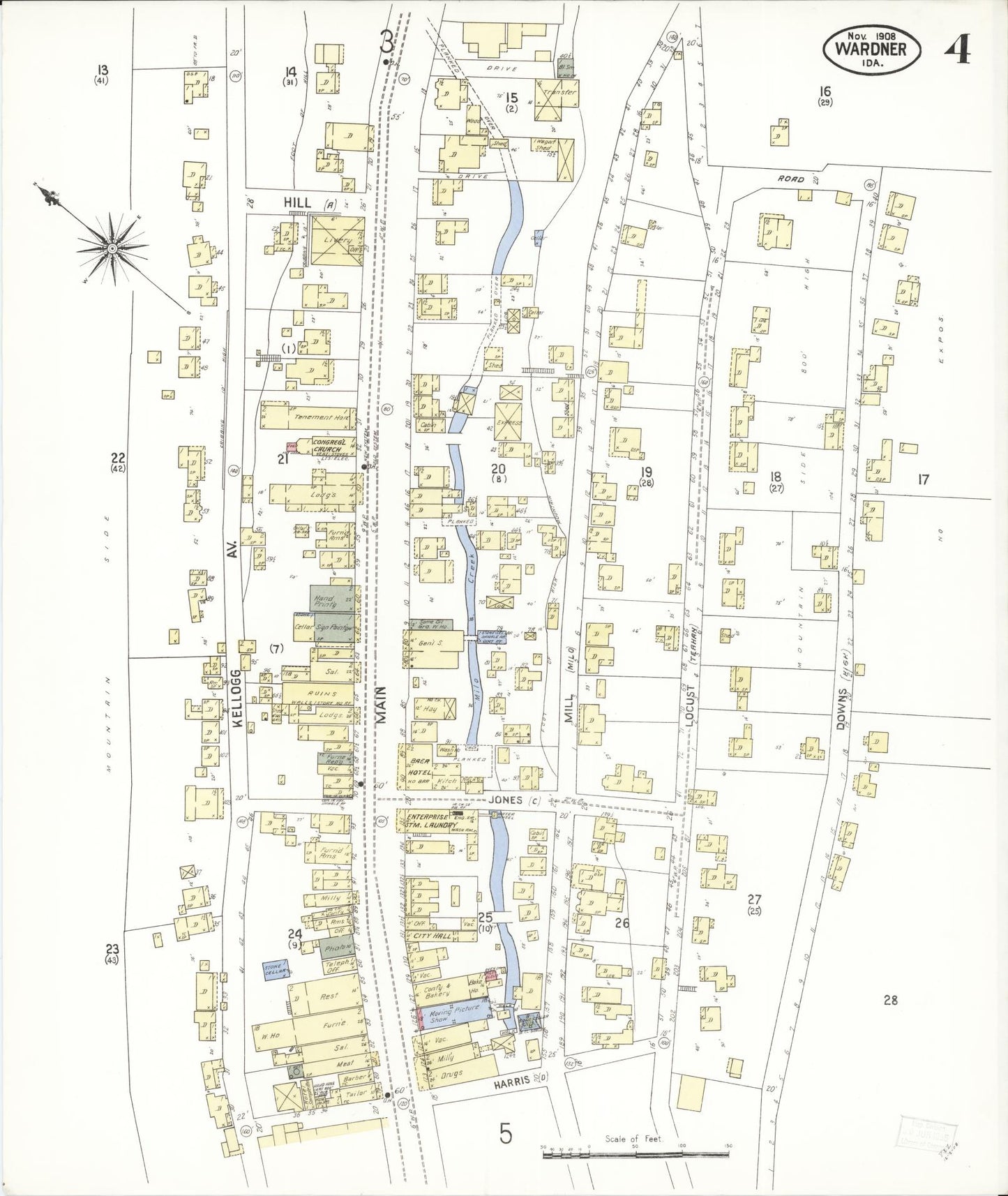 Sanborn Fire Insurance Map from Wardner, Shoshone County, Idaho (1908), Sheet #0004 - Complete Map Set gallery image, historic Sanborn map, vintage wall art, Idaho Idaho