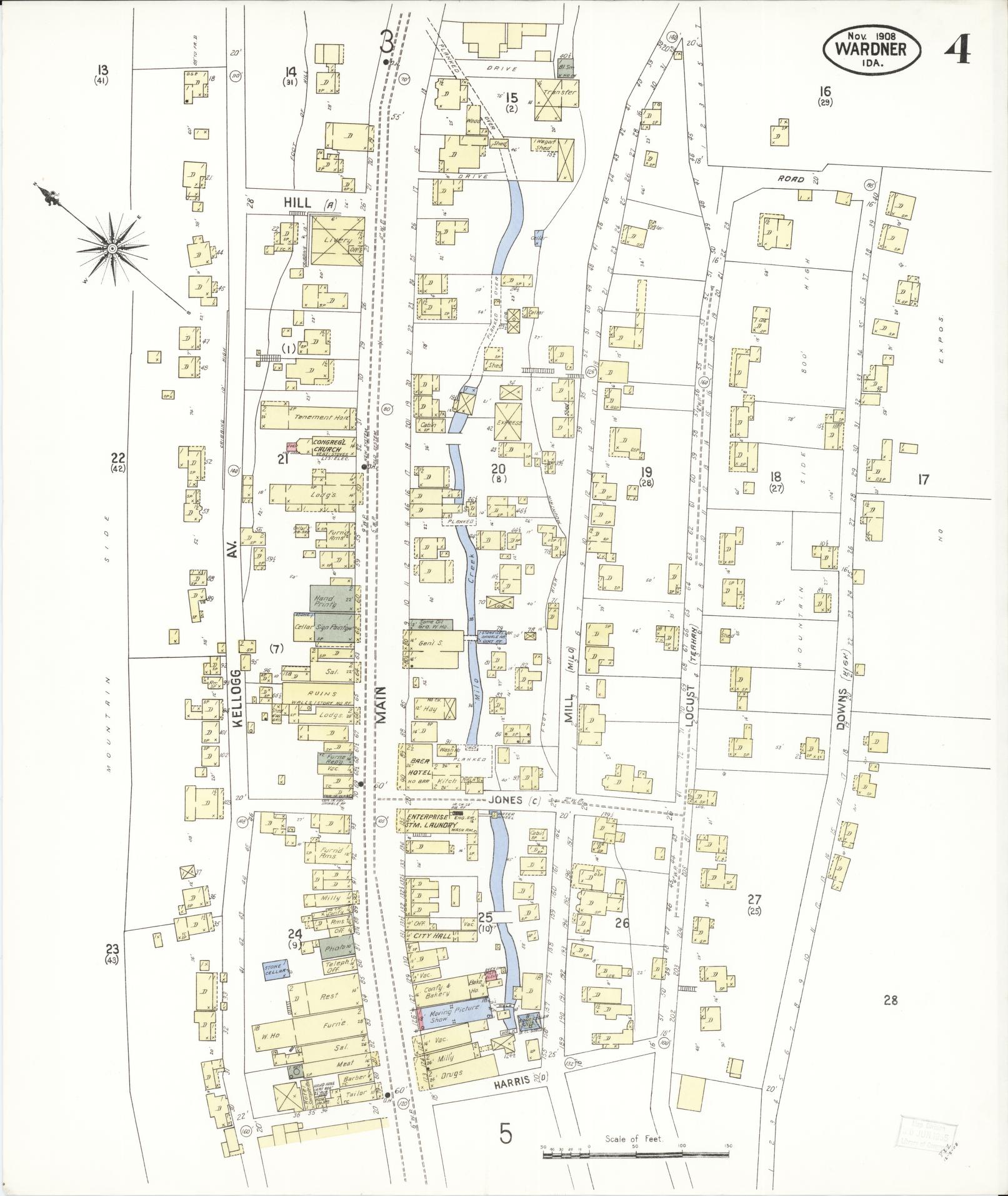 Sanborn Fire Insurance Map from Wardner, Shoshone County, Idaho (1908), Sheet #0004 - Complete Map Set gallery image, historic Sanborn map, vintage wall art, Idaho Idaho