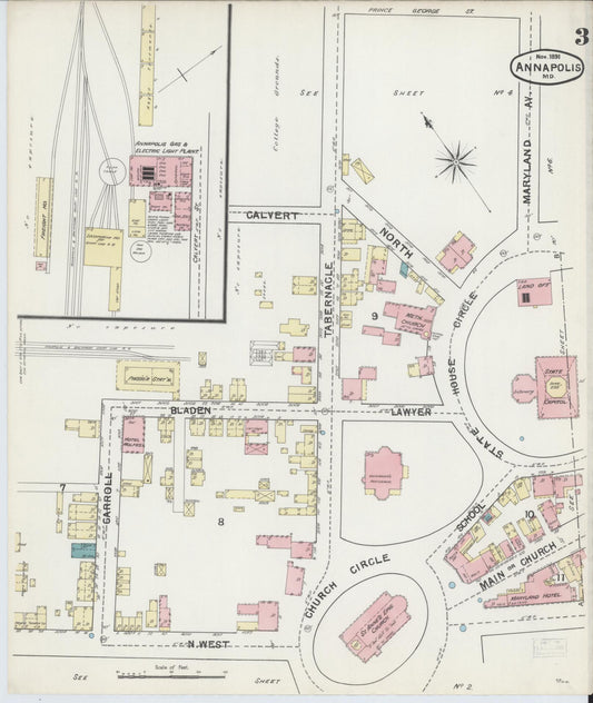 Sanborn Fire Insurance Map from Annapolis, Anne Arundel County, Maryland (1891), Sheet #0003 - Historic Sanborn Fire Insurance Map Print, vintage old map wall art, antique decor, genealogy gift, Maryland Maryland map