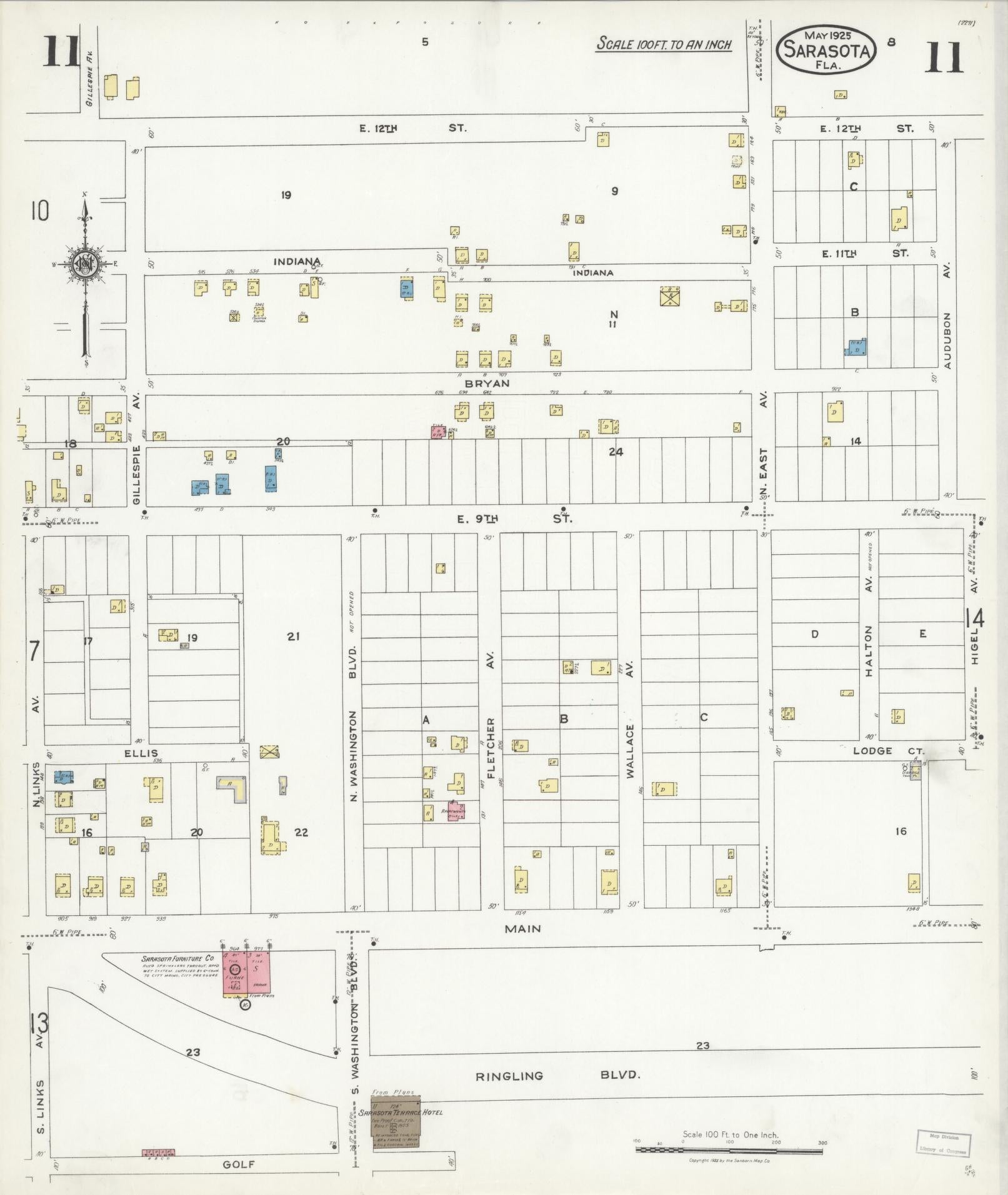 Sanborn Fire Insurance Map from Sarasota, Sarasota County, Florida (1925), Sheet #0011 - Historic Sanborn Fire Insurance Map Print, vintage old map wall art, antique decor, genealogy gift, Florida Florida map