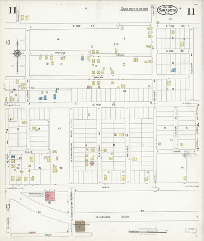 Sanborn Fire Insurance Map from Sarasota, Sarasota County, Florida (1925), Sheet #0011 - Historic Sanborn Fire Insurance Map Print, vintage old map wall art, antique decor, genealogy gift, Florida Florida map